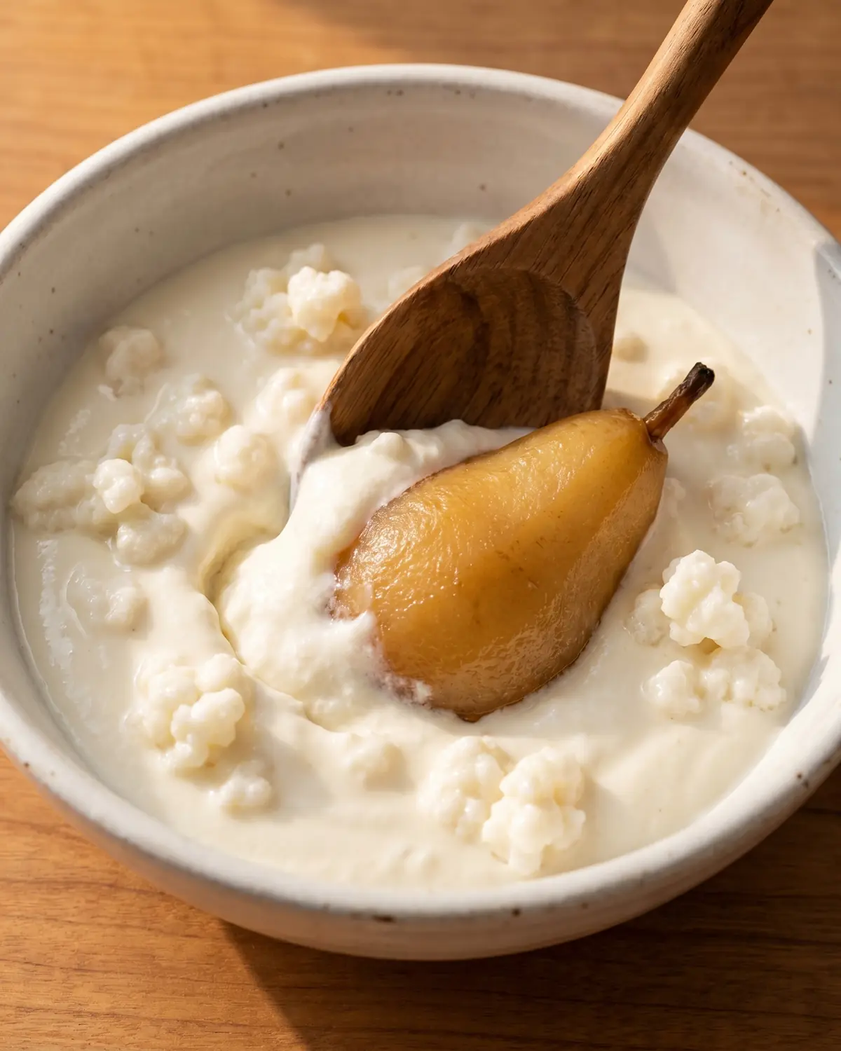 migliori grani di kefir Cucchiaio di legno che lascia un solco lento nel kefir con pera cotta in una ciotola bianca.