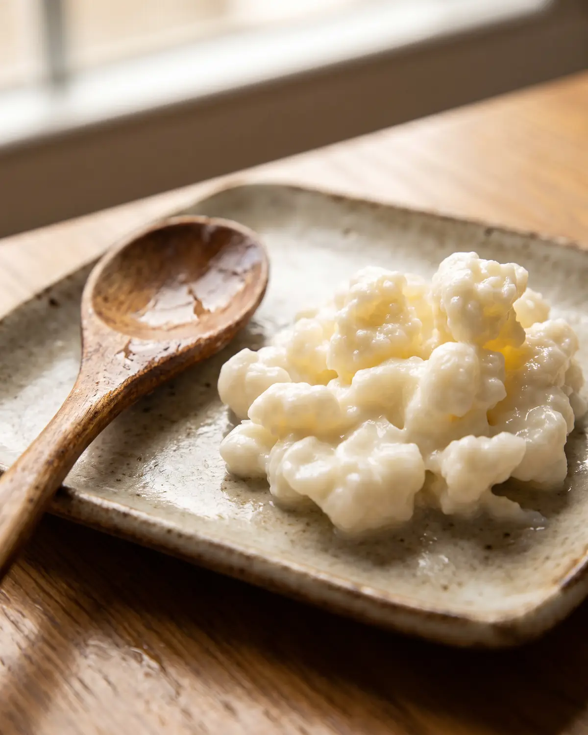 colazione con kefir e avena Cucchiaio di legno umido e vuoto accanto a un piatto con grani di kefir sfocati sullo sfondo.