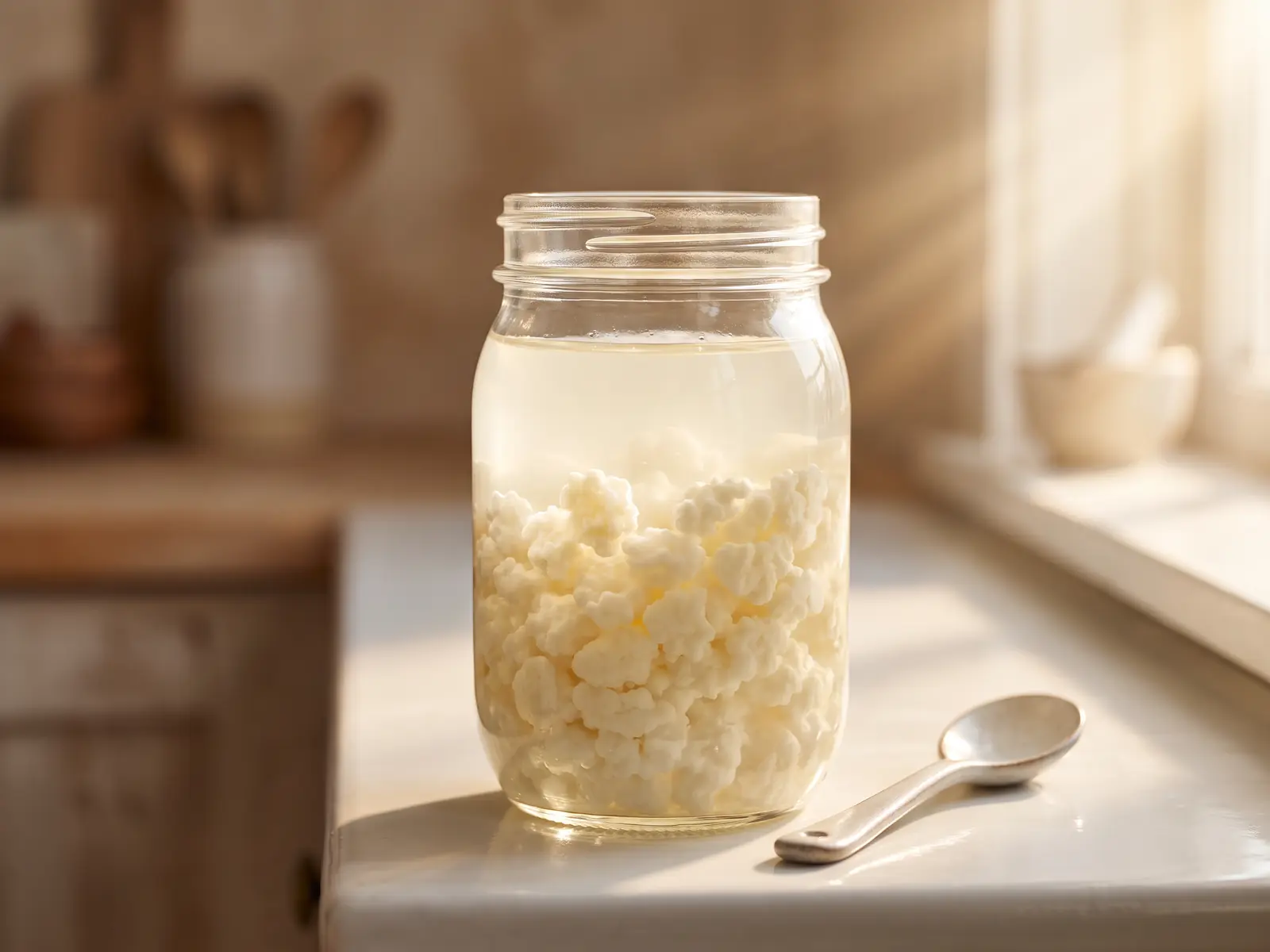 i granuli di kefir si possono mangiare Barattolo di kefir di latte sul davanzale all’alba, con granuli sospesi e luce radente dalla finestra.