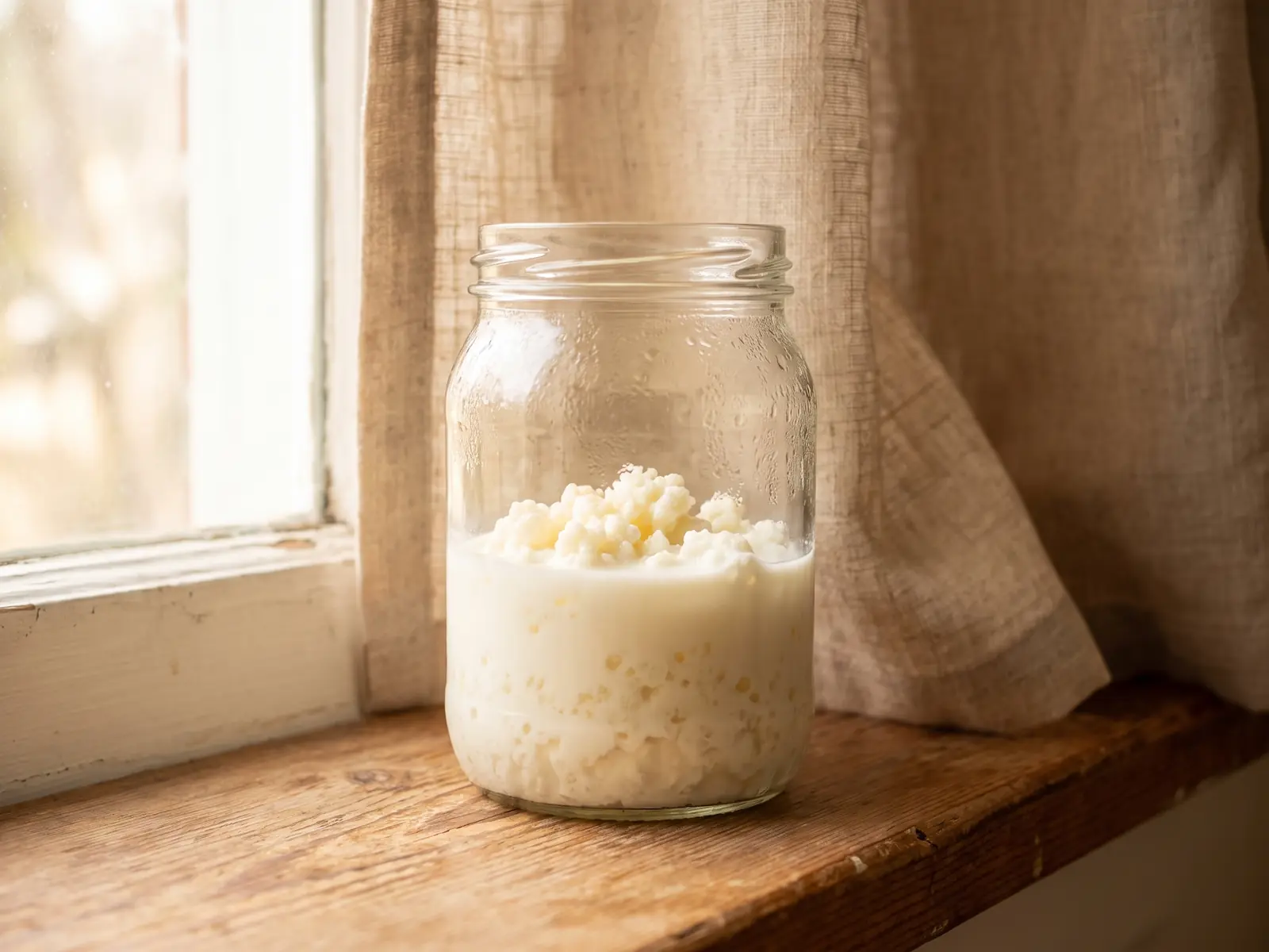 Barattolo di kefir di latte sul davanzale al mattino, con grani sospesi e tenda di lino chiaro.