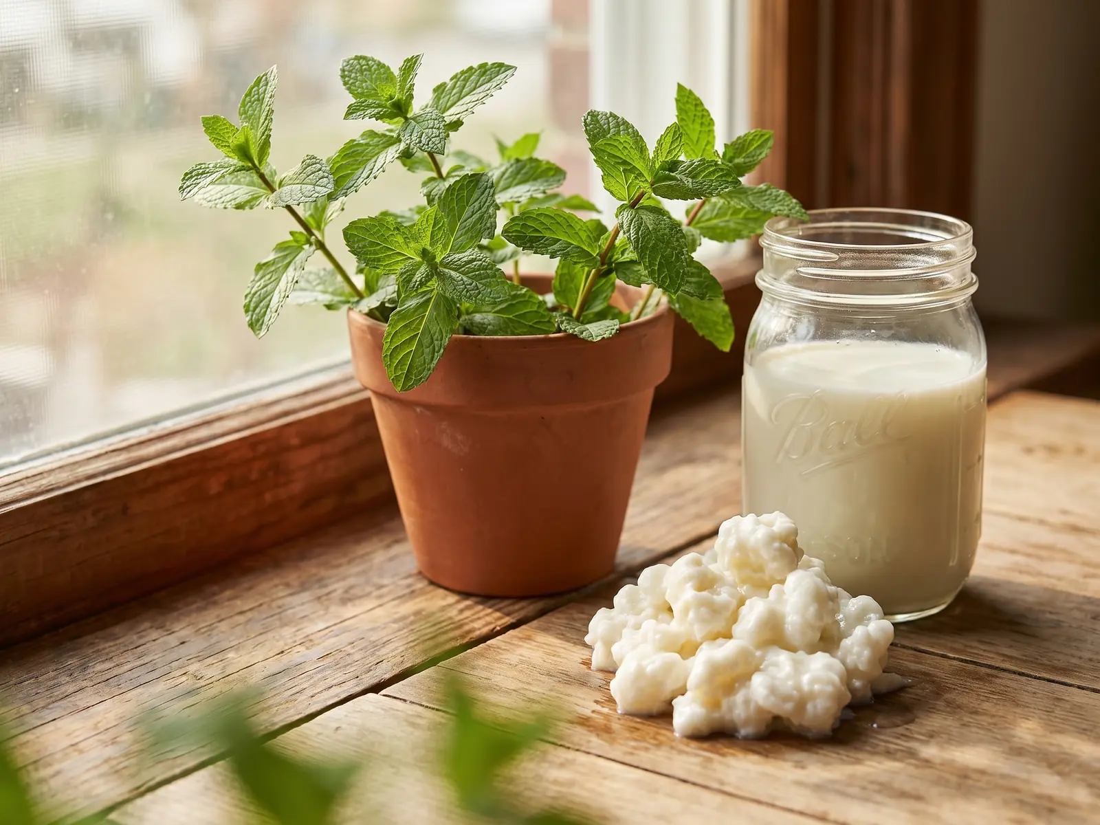 Barattolo di kefir di latte con grani sul davanzale, accanto a una pianta di menta e ombre verdi.