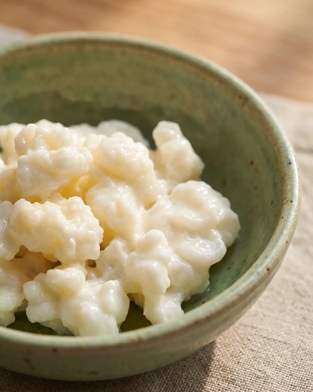 kefir ingrassa Dettaglio macro di grani di kefir lucidi con solchi irregolari su ceramica verde chiara