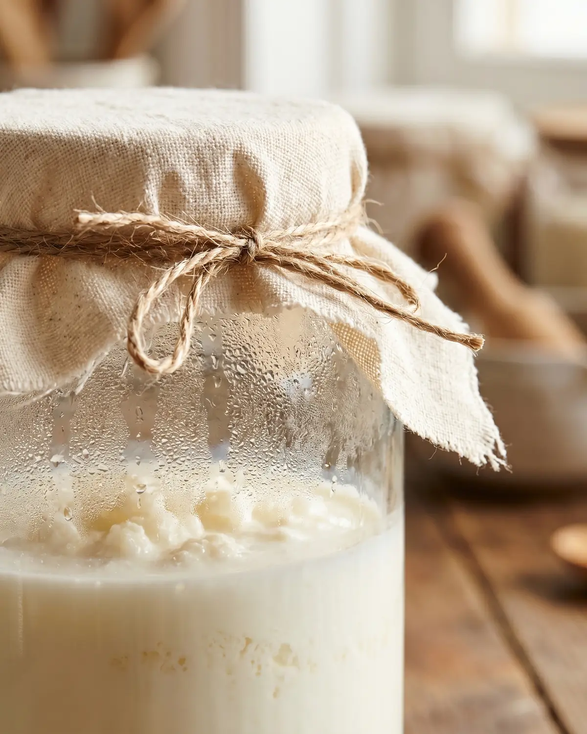 kefir e reflusso Dettaglio del panno di cotone legato al barattolo, con kefir di latte bianco visibile attraverso il vetro.