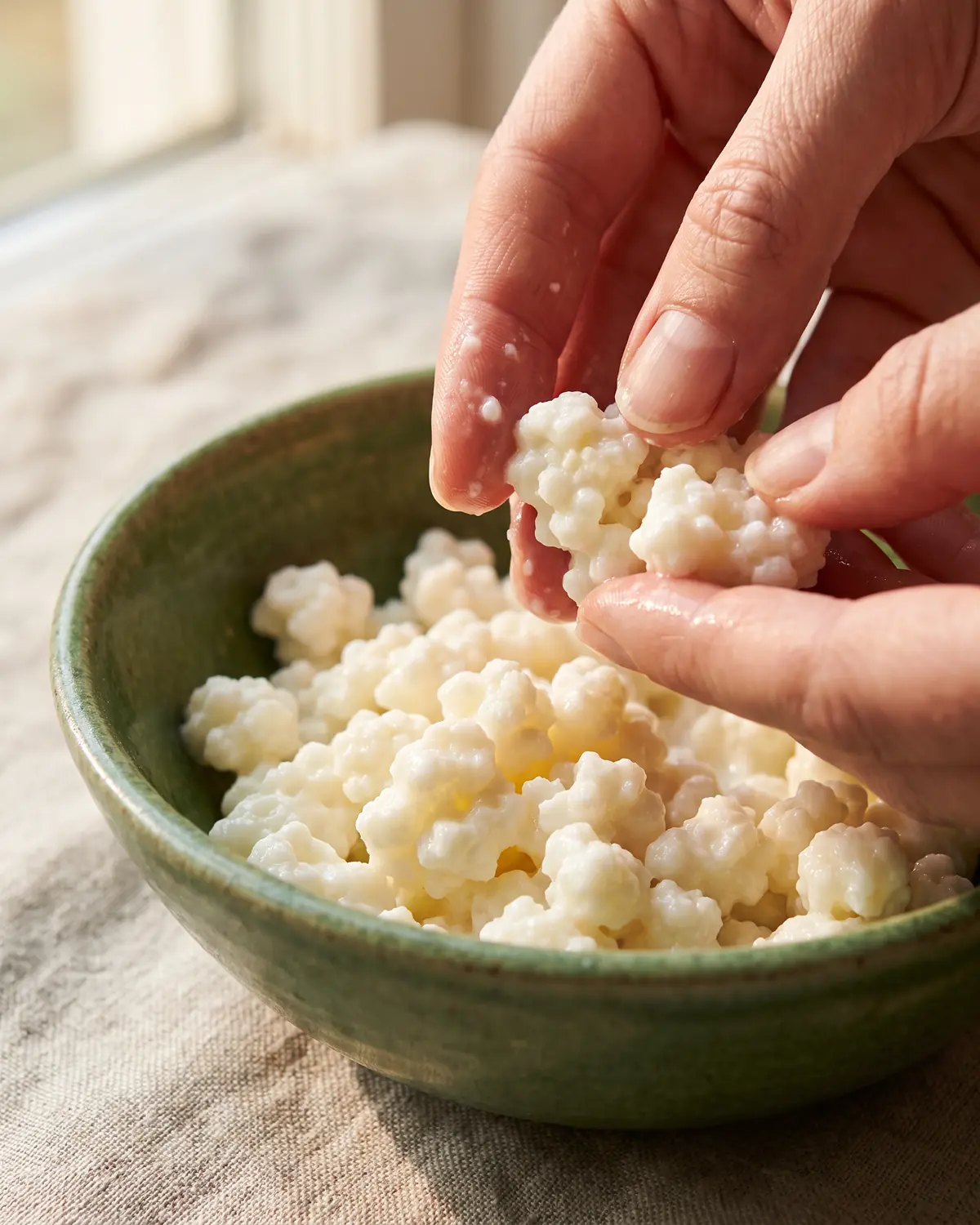 kefir e acidita di stomaco Dita che separano grani di kefir umidi in una ciotola verde, con lino sfocato sullo sfondo.