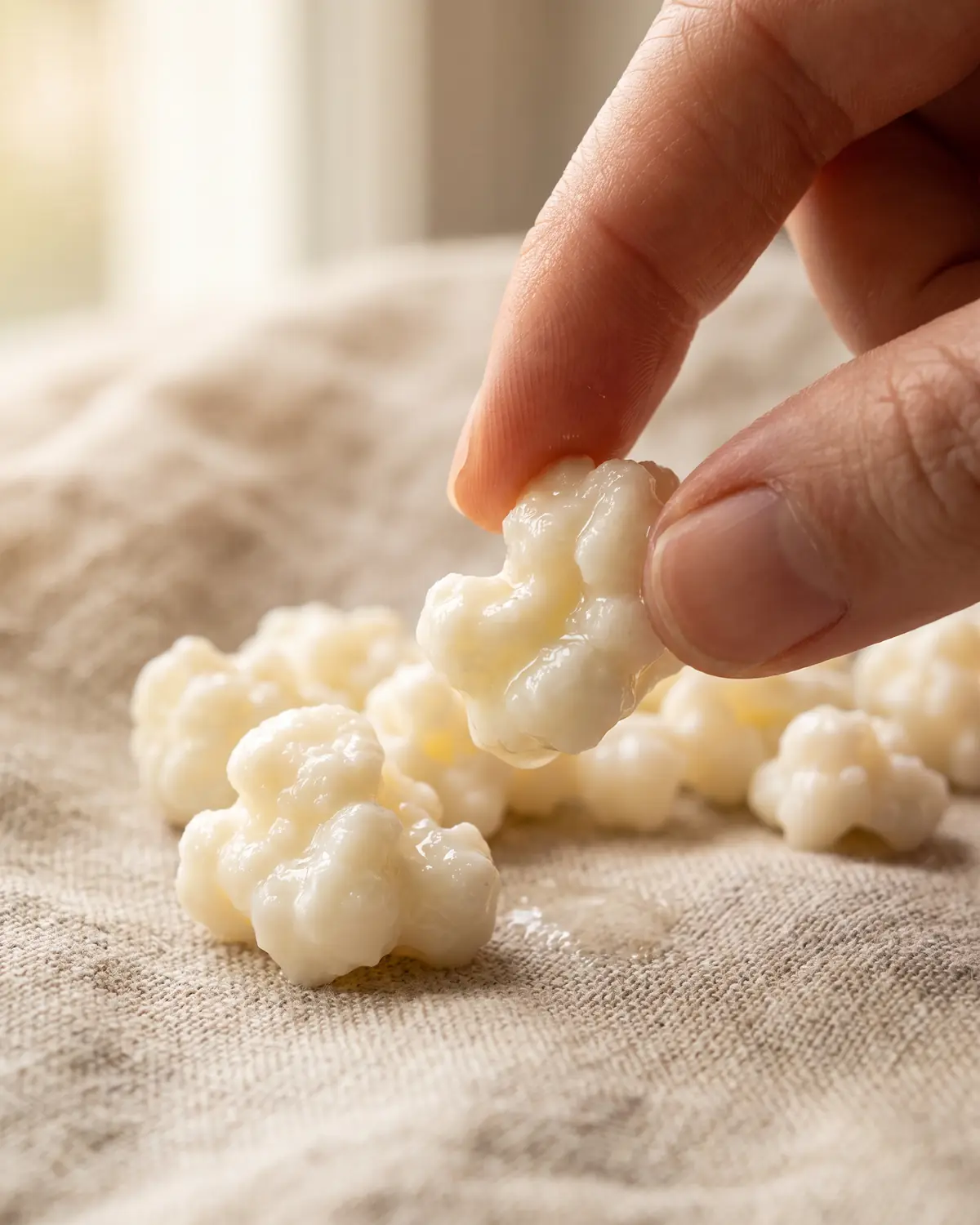 kefir dieta chetogenica Due dita sollevano un grano di kefir irregolare e lucido, con texture a cavolfiore su fondo di lino.