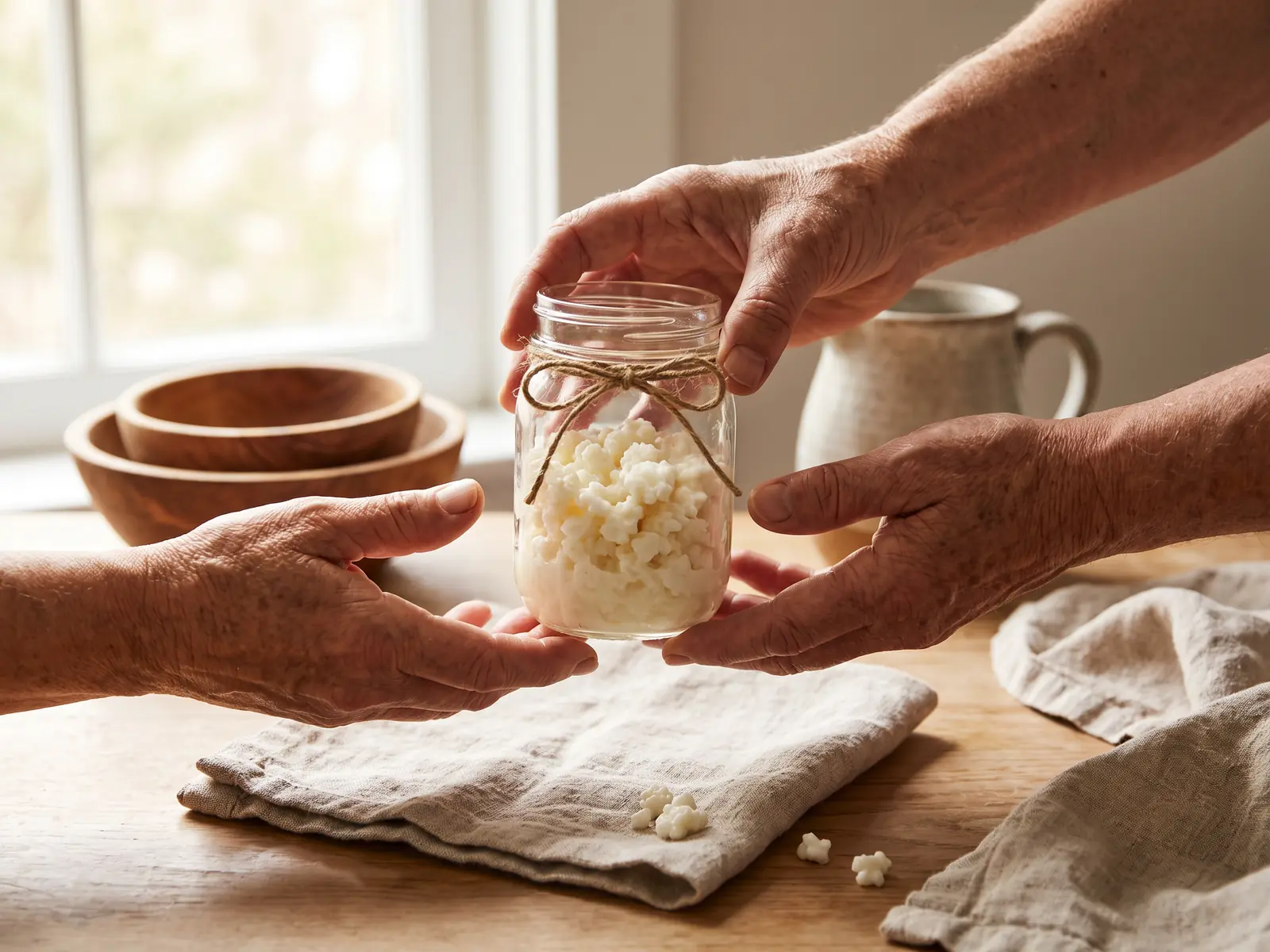 kefir sapore Due mani offrono un barattolo di kefir con grani visibili, lino grezzo e spago come dono artigianale.