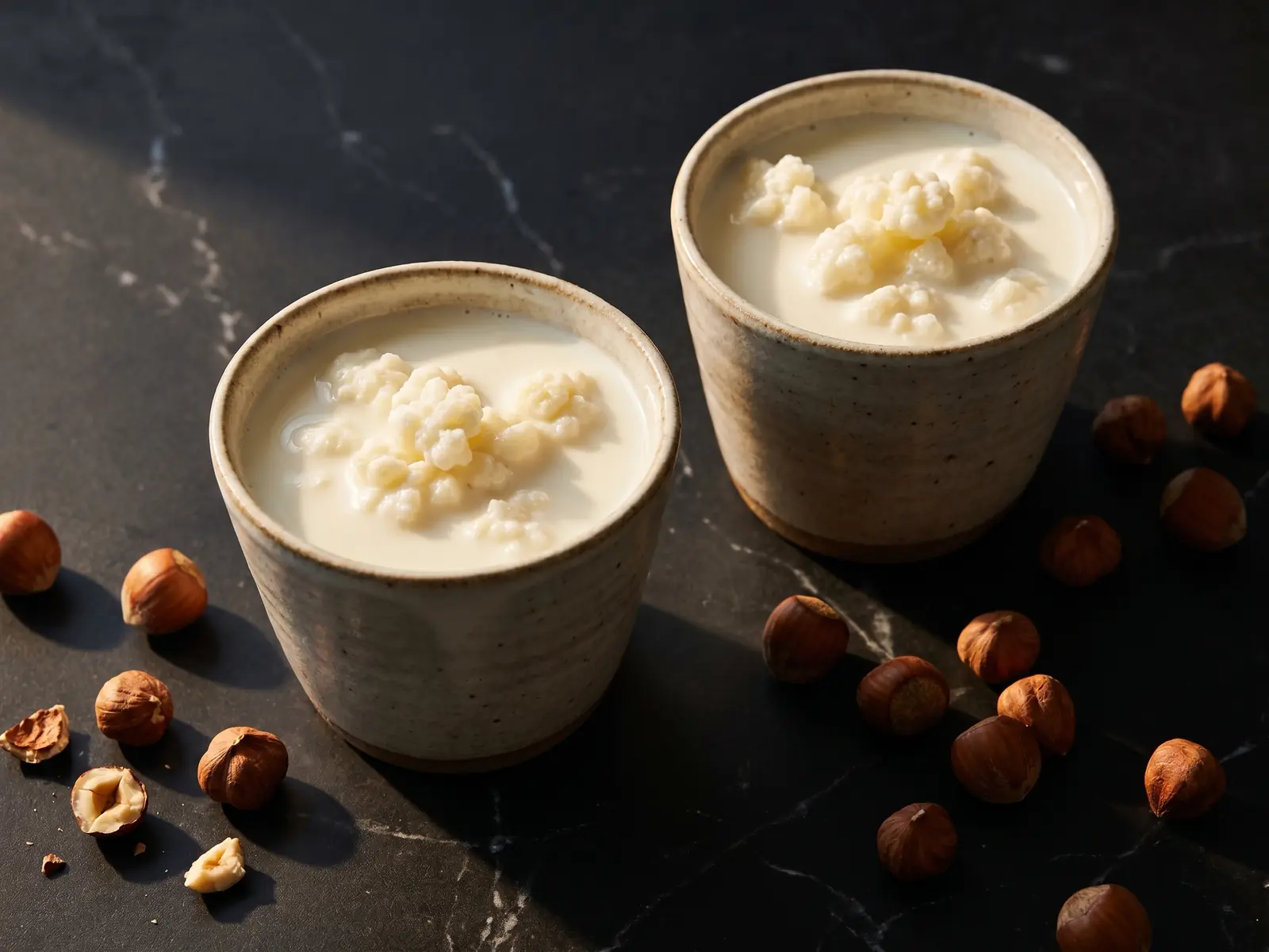 kefir di latte Due tazze di kefir su marmo nero con nocciole e luce naturale, in una composizione elegante.