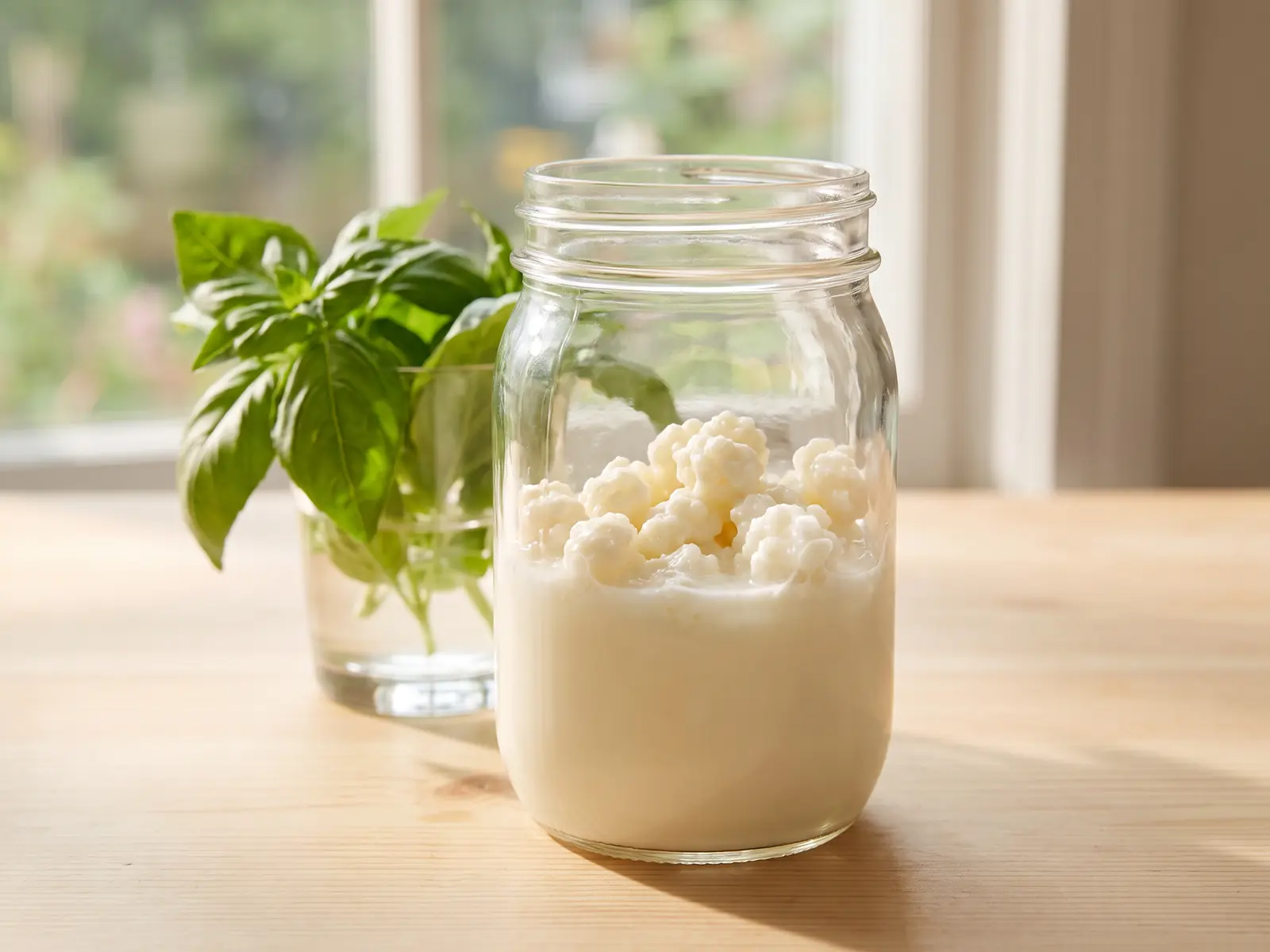 kefir per diabetici Barattolo di kefir di latte in fermentazione con granuli, albahaca fresca e luce estiva alla finestra
