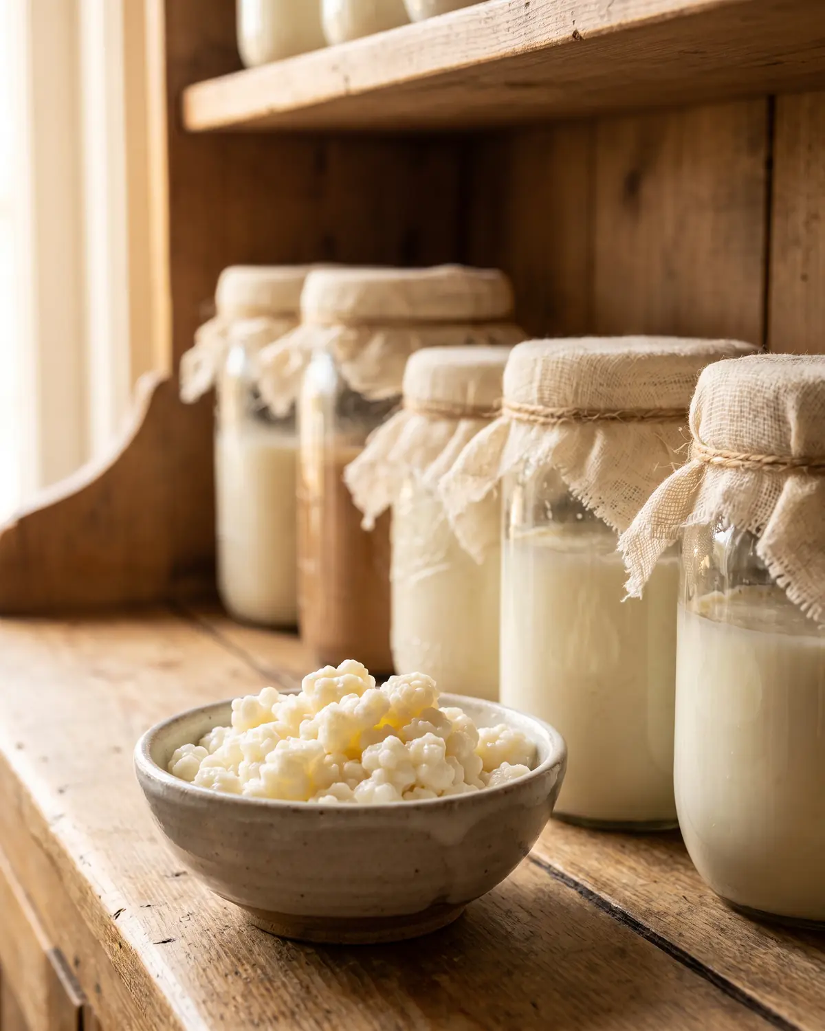 kefir italia donatori Fila di barattoli coperti su una mensola con grani di kefir in una ciotola in primo piano.