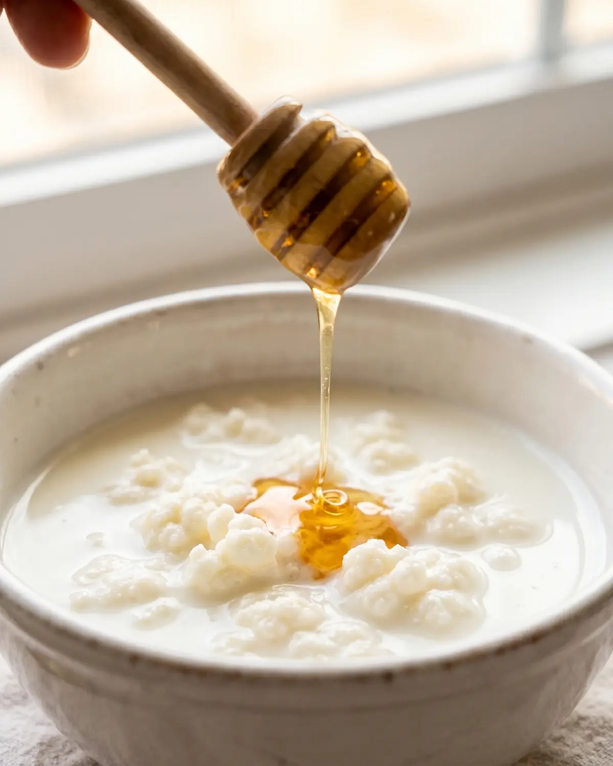 Un filo di miele cade su kefir di latte in una ciotola bianca, con una mano sfocata sullo sfondo.