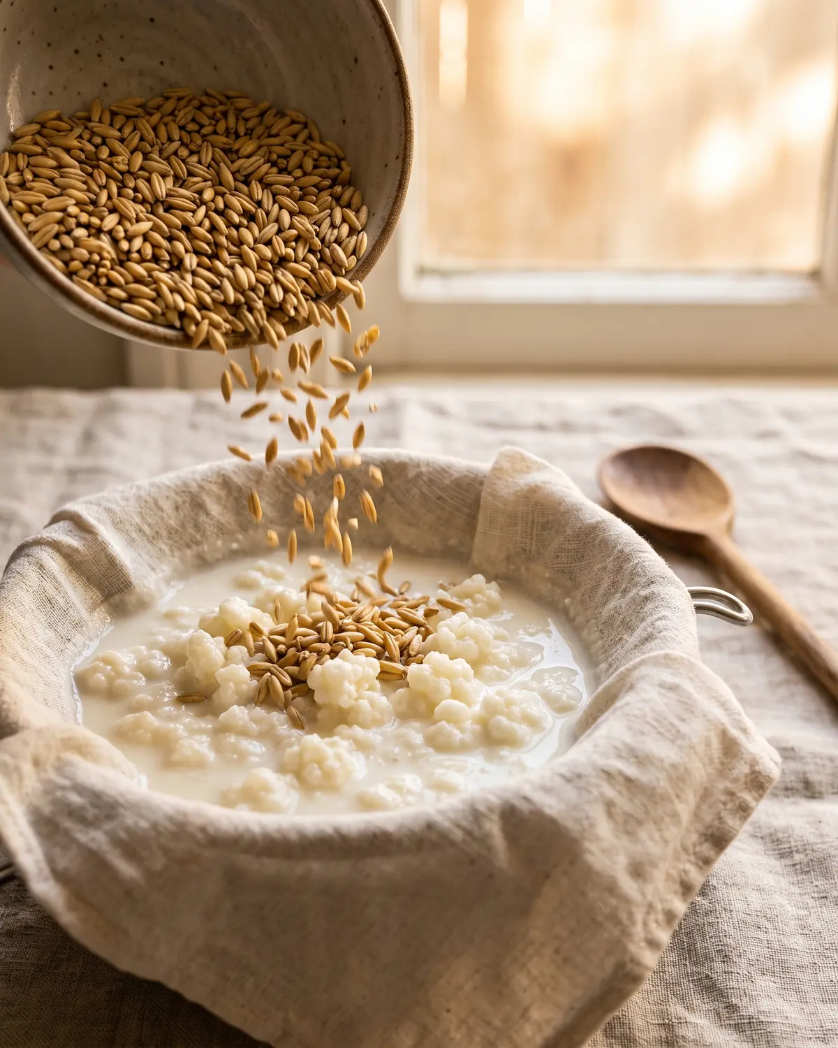 kefir fa bene al fegato Fiocchi d’avena cadono in una crema di kefir colato, con lino e luce calda sullo sfondo.