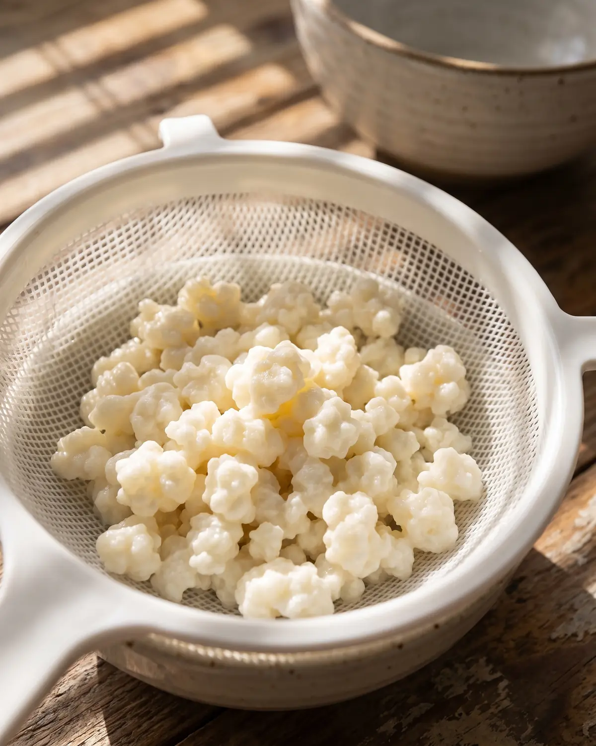 fermenti mestre menu Colino bianco con grani di kefir illuminati da ombre di persiana durante la filtrazione domestica.