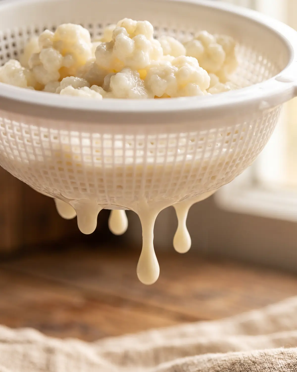 comprare kefir supermercato Gocce dense di kefir scendono da un colino bianco, con grani di latte sfocati nella parte superiore.