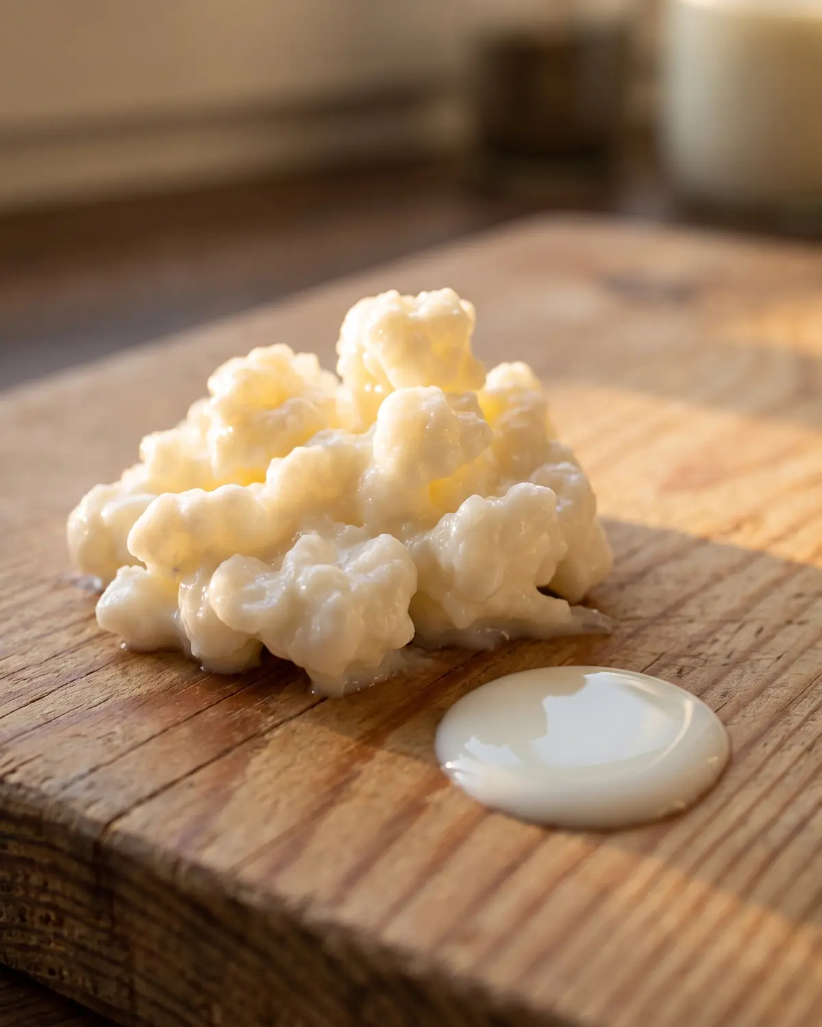 kefir quando berlo Goccia di latte su tavola di pino con un granulo di kefir vicino illuminato dalla luce calda dell’alba