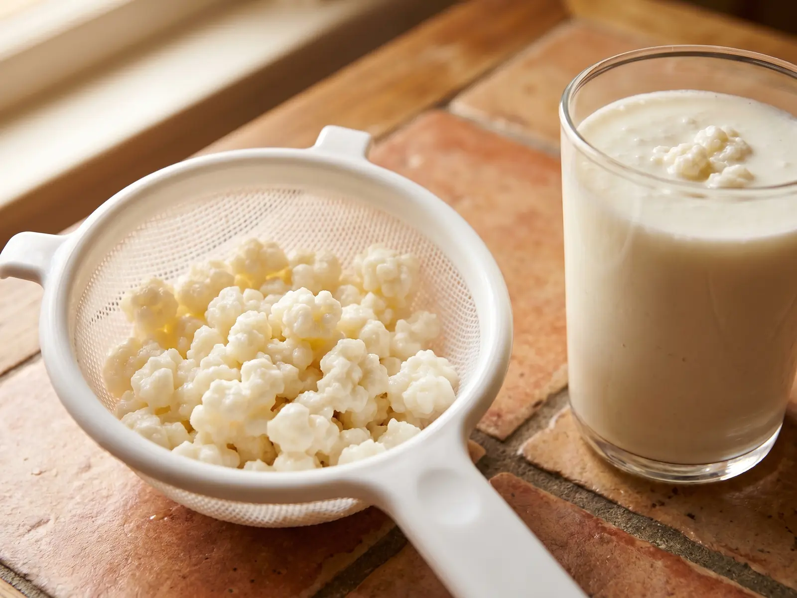 sacco fermenti Grani di kefir raccolti in un colino bianco, con un bicchiere di kefir pronto accanto.