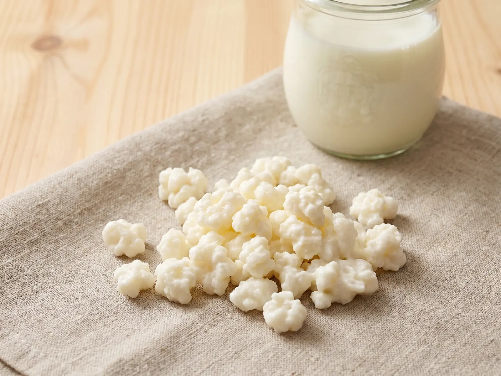 dolce con kefir e mandorle Grani di kefir color crema su lino grezzo, con un barattolo di latte sfocato sullo sfondo.