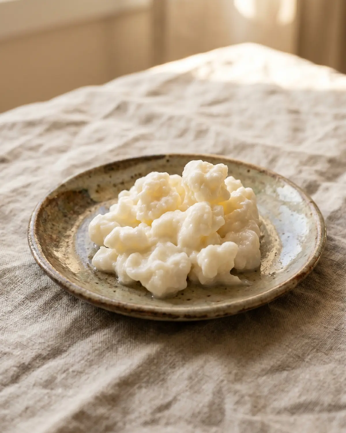 i fermenti lattici contengono lattosio Grani di kefir irregolari su un piattino di ceramica, con lino grezzo e luce morbida laterale