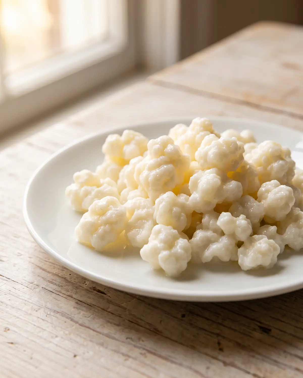 kefir come berlo Grani di kefir su un piattino bianco, con lamponi sullo sfondo e legno chiaro in luce naturale.