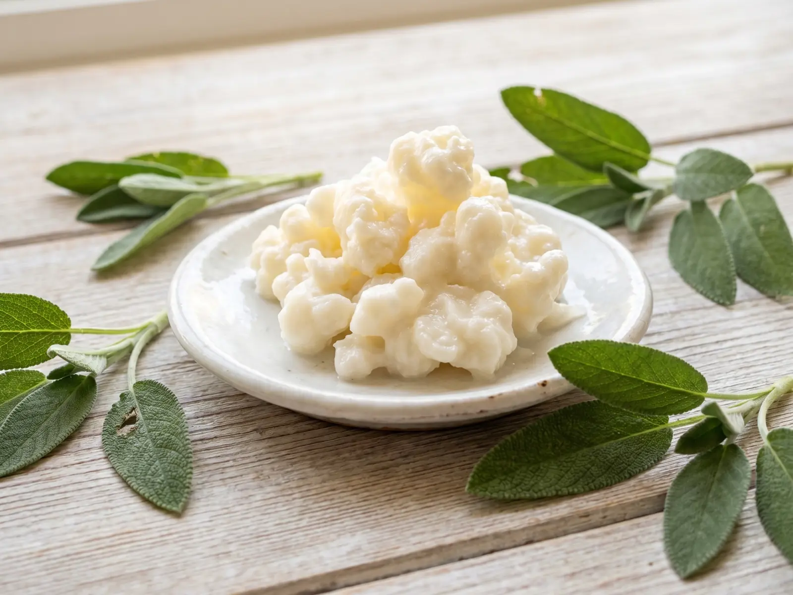 fermenti lattici tutti i giorni Granuli irregolari di kefir su un piattino bianco con foglie di salvia e legno chiaro sullo sfondo.
