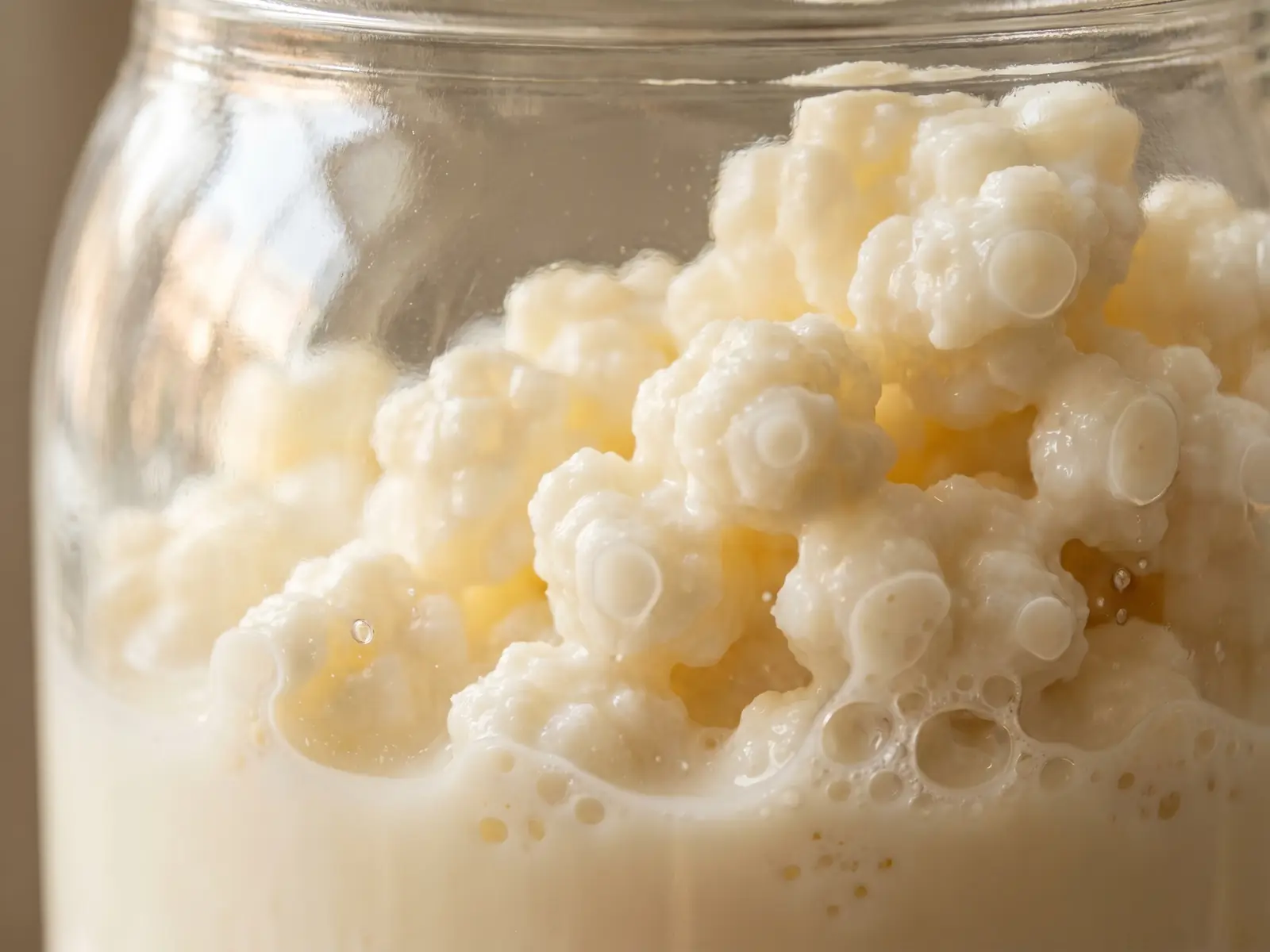 il kefir fa male ai diabetici Dettaglio di grani di kefir aderenti al vetro del barattolo, con latte cremoso e piccole bolle visibili.