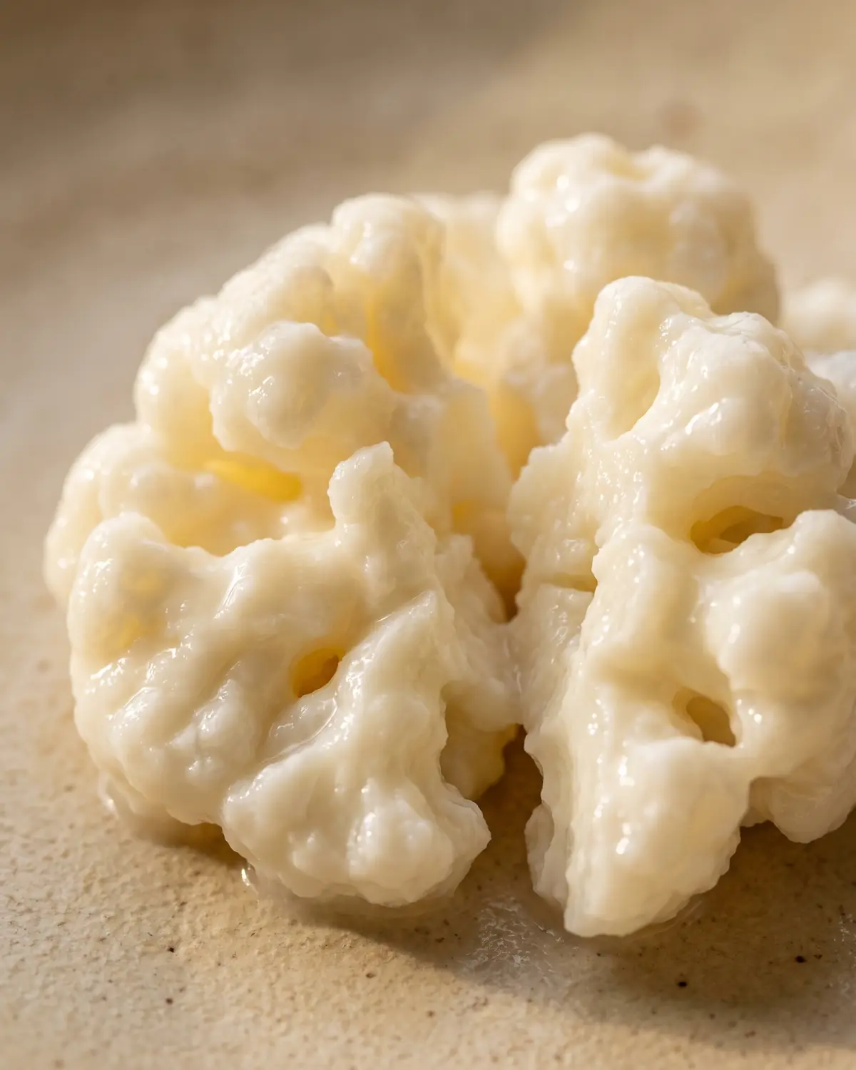 kefir quanto al giorno Macro di un grano di kefir aperto, con pieghe umide simili a cavolfiore su ceramica opaca.