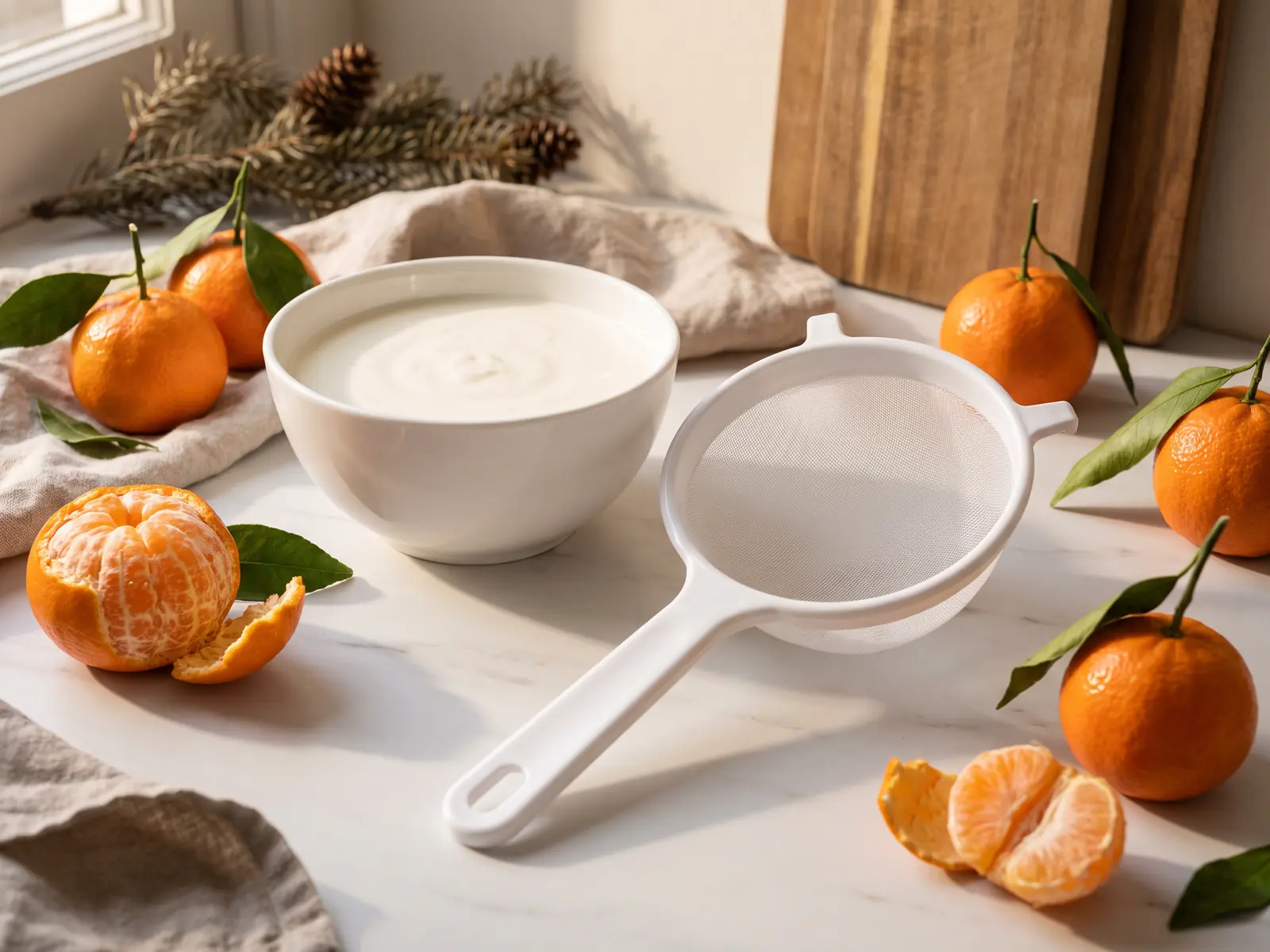 kefir perché fa bene Kefir di latte colato in una ciotola con clementine su marmo chiaro in una scena invernale