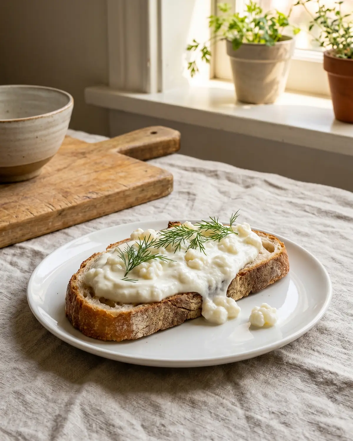 cibi fermentati per intestino Kefir denso con aneto fresco servito su pane rustico, su piatto bianco e lino naturale.