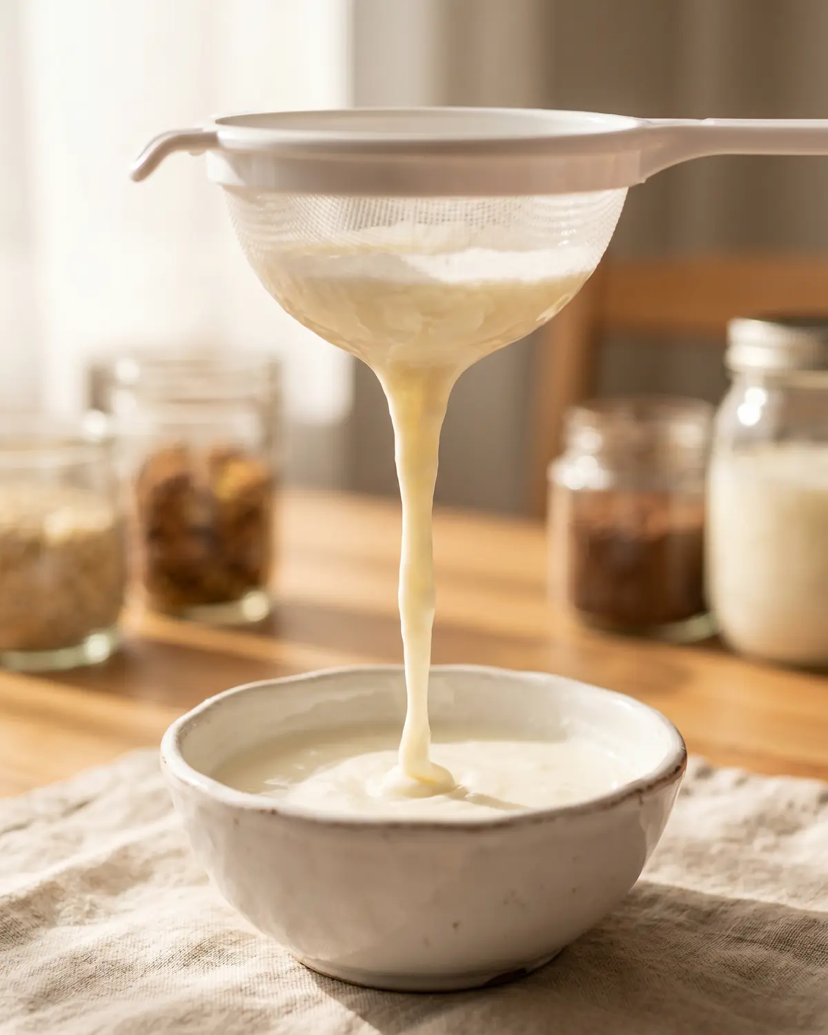 kefir candida Kefir di latte colato che scende denso da un colino bianco verso una ciotola di ceramica.