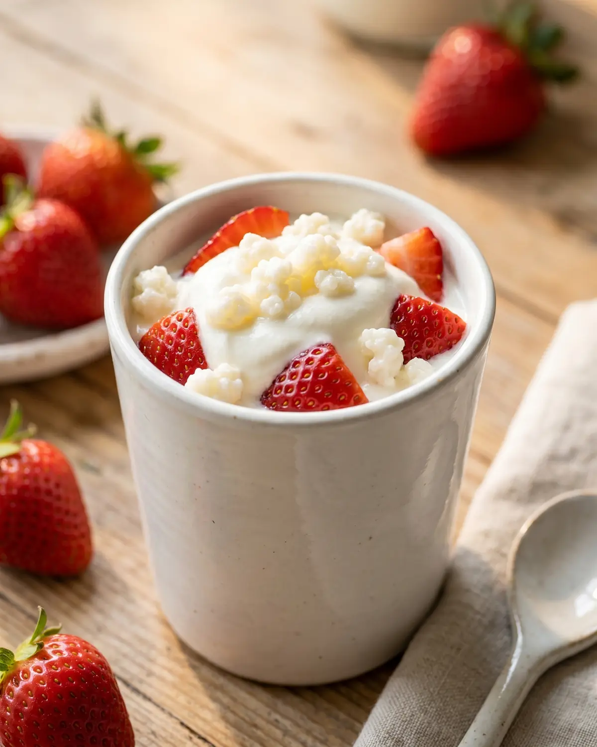 fermentati Kefir frullato con fragole in un vaso ceramico bianco, con semi visibili e luce estiva