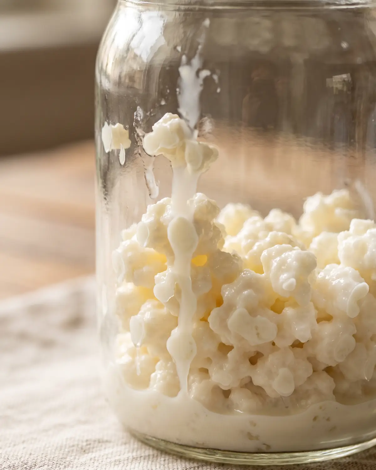 fermentiamo it Latte fresco versato sui granuli di kefir dentro un barattolo, nel primo contatto della fermentazione.