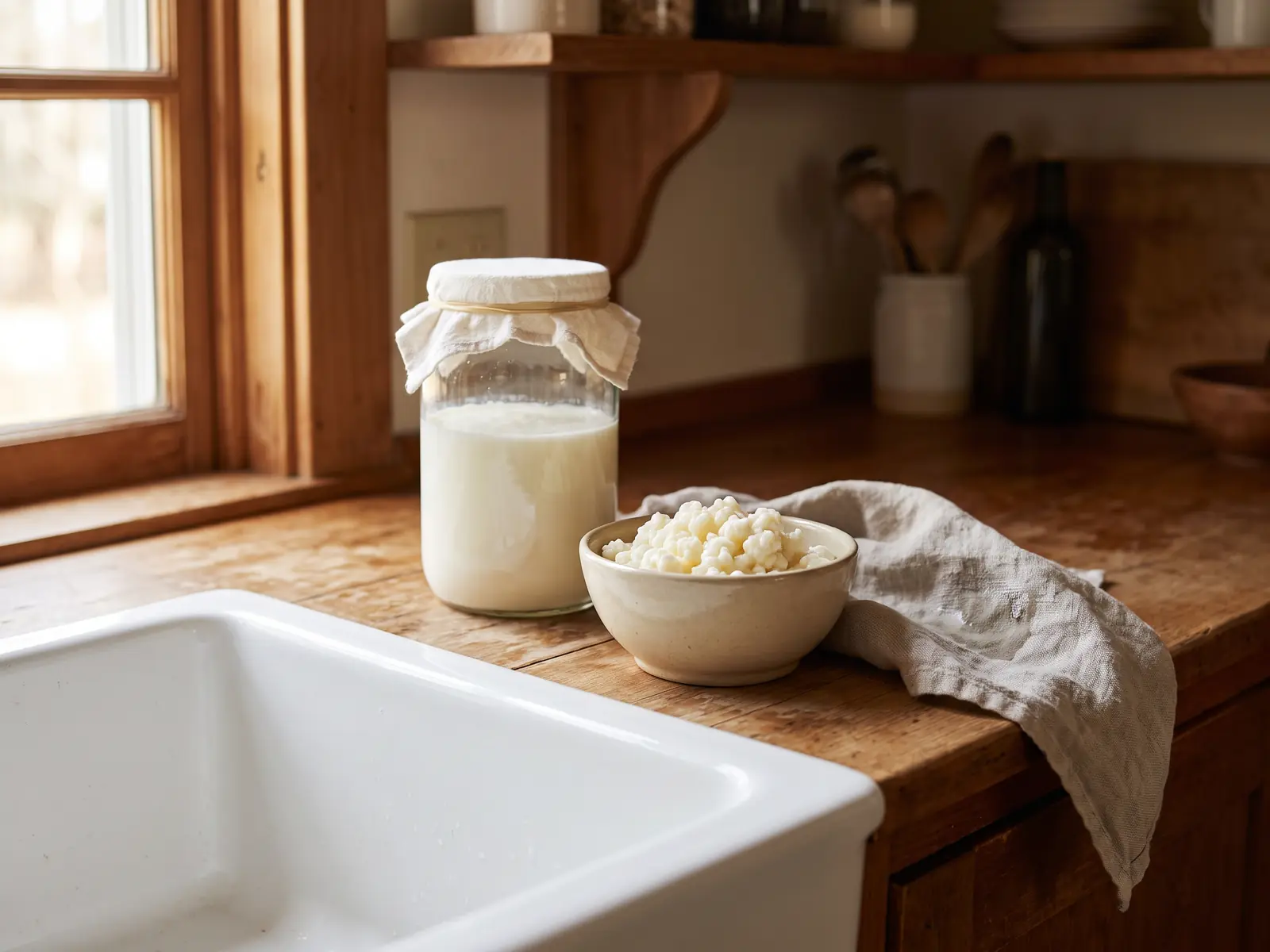 kefir tutti i giorni Barattolo di kefir in fermentazione su lavello in ceramica, con grani in ciotola e panno umido accanto