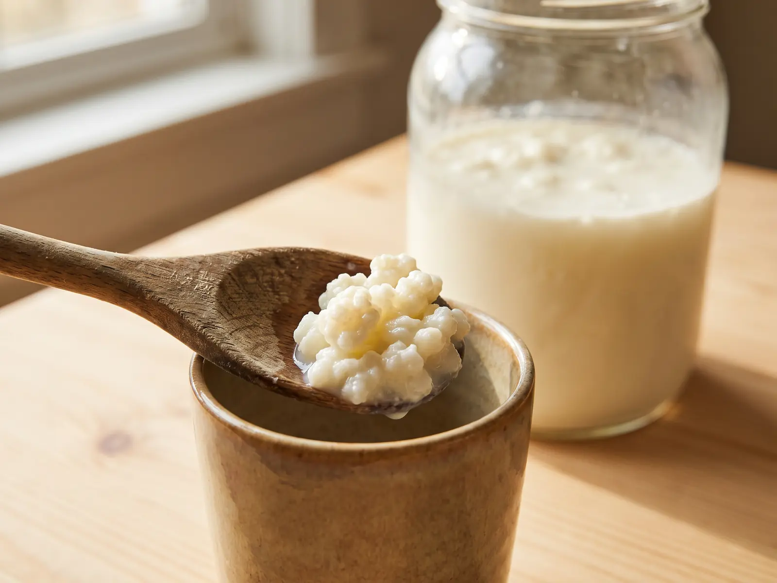 kefir vivo Cucchiaio di legno con granuli di kefir verso una tazza, con barattolo di latte sullo sfondo.