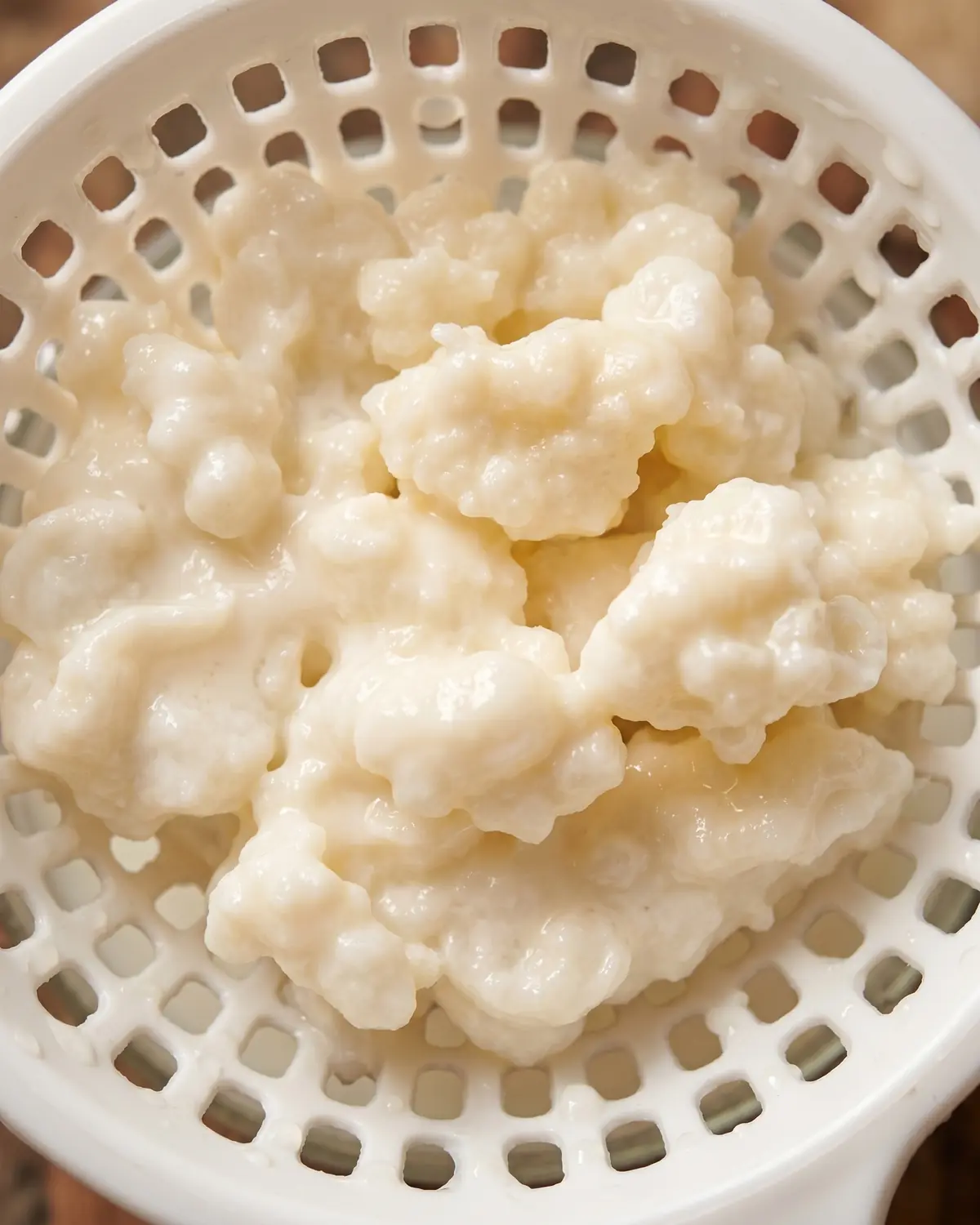 come bere il kefir Macro di grani di kefir bianco crema in un colino, con gocce dense trattenute tra gli spazi.