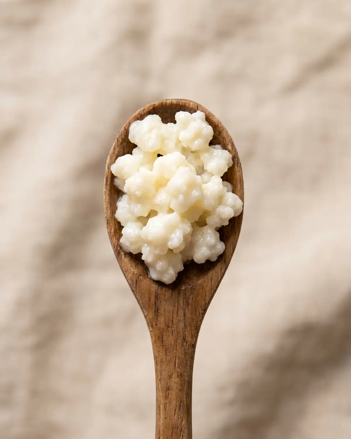 sacco fermenti Macro di grani di kefir su un cucchiaio di legno, con texture irregolare e aspetto umido.