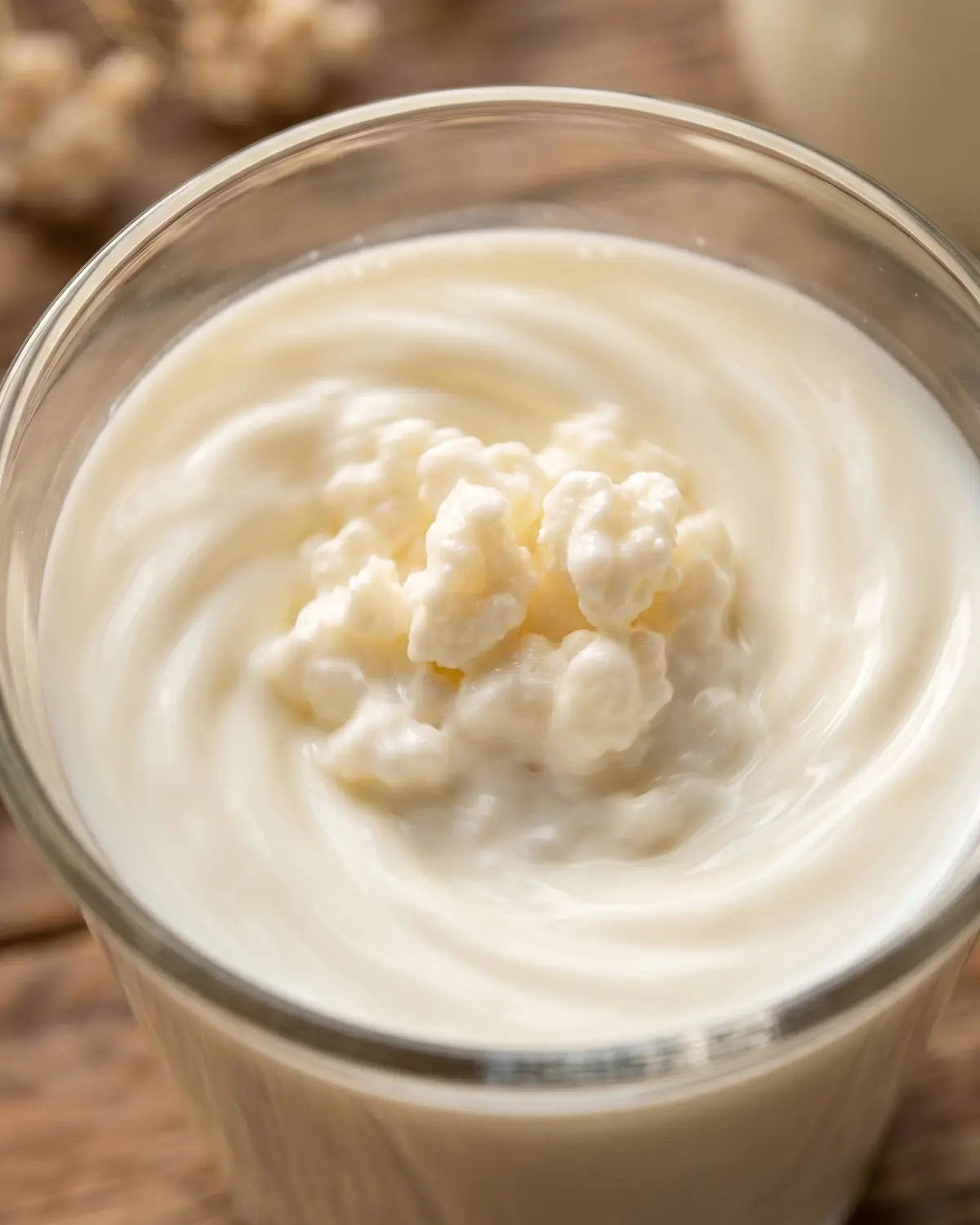 Macro di grani di kefir irregolari immersi nel latte fresco, con un vortice color crema nel vetro.