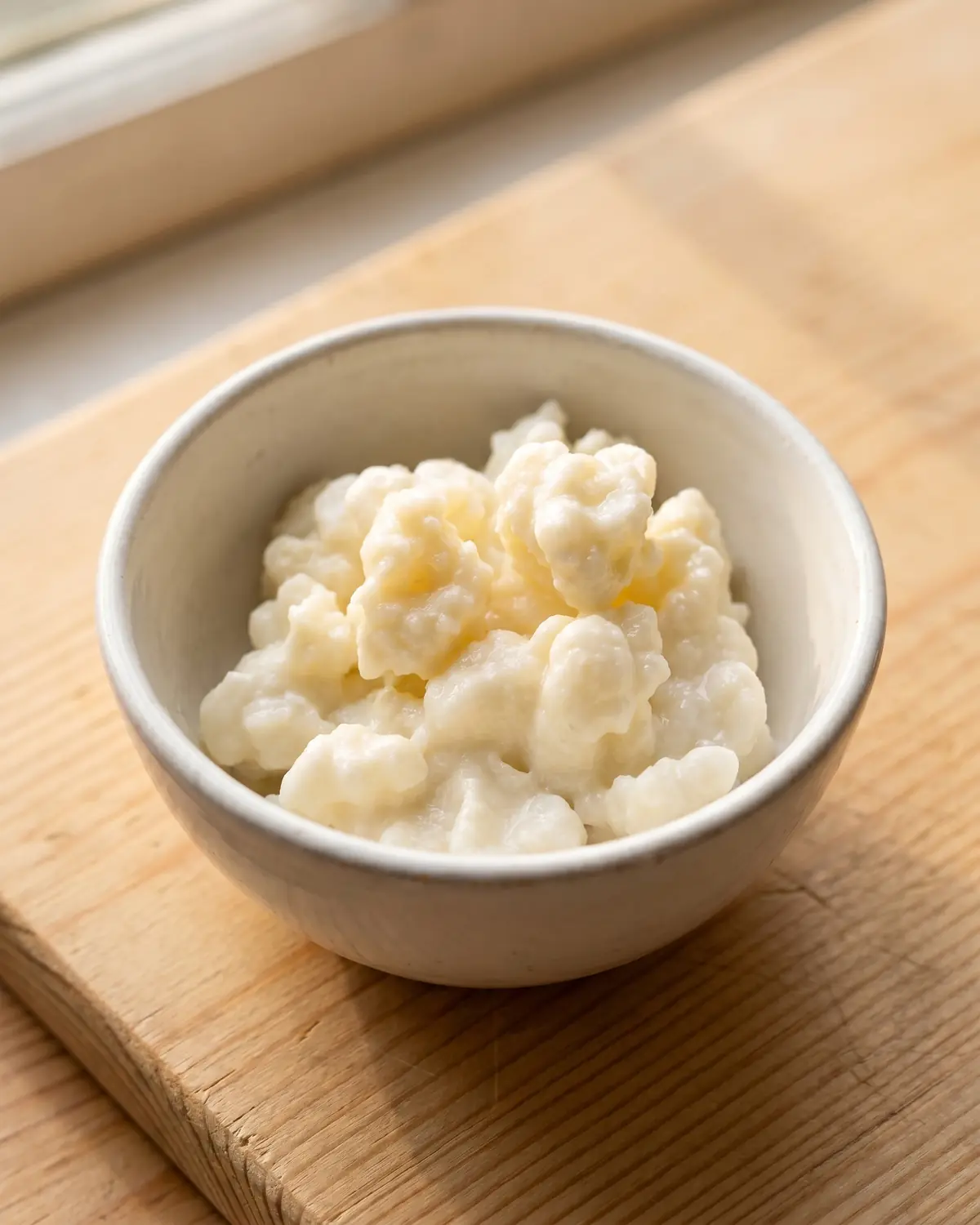 limoni fermentati Primo piano di grani di kefir di latte in una ciotola bianca, con consistenza irregolare e cremosa.