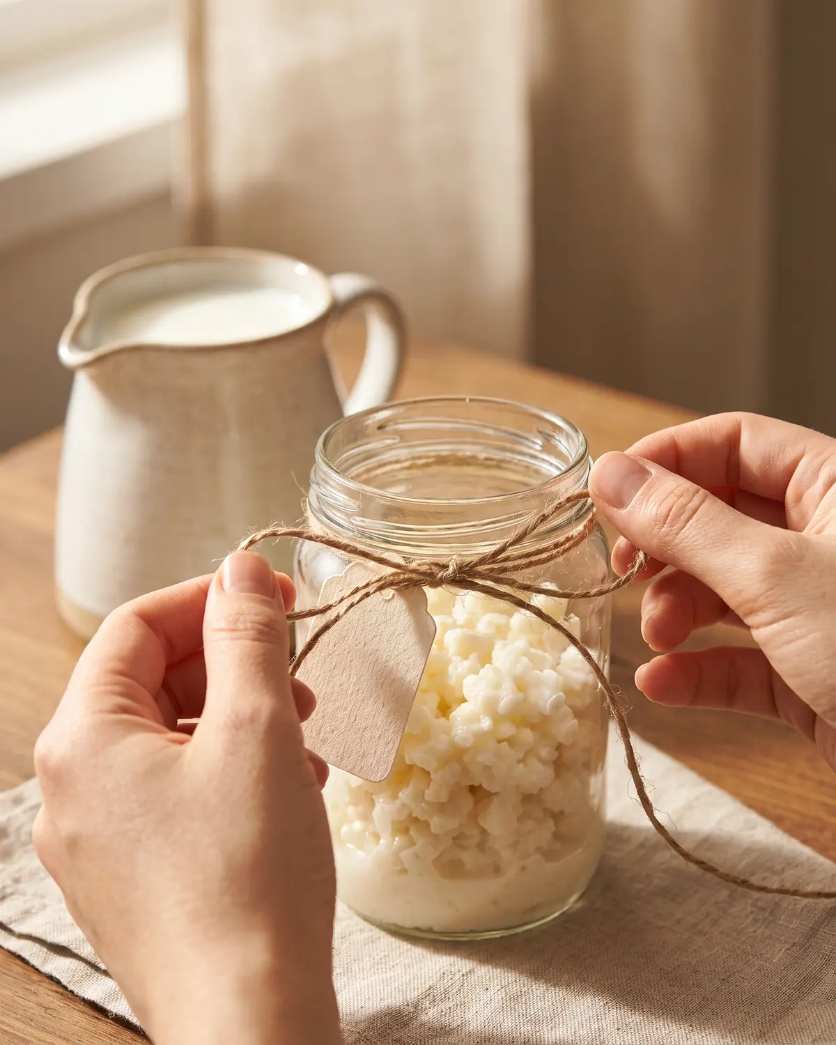 kefir per stitichezza Mani che legano un cordino con etichetta a un barattolo, con latte bianco sullo sfondo.