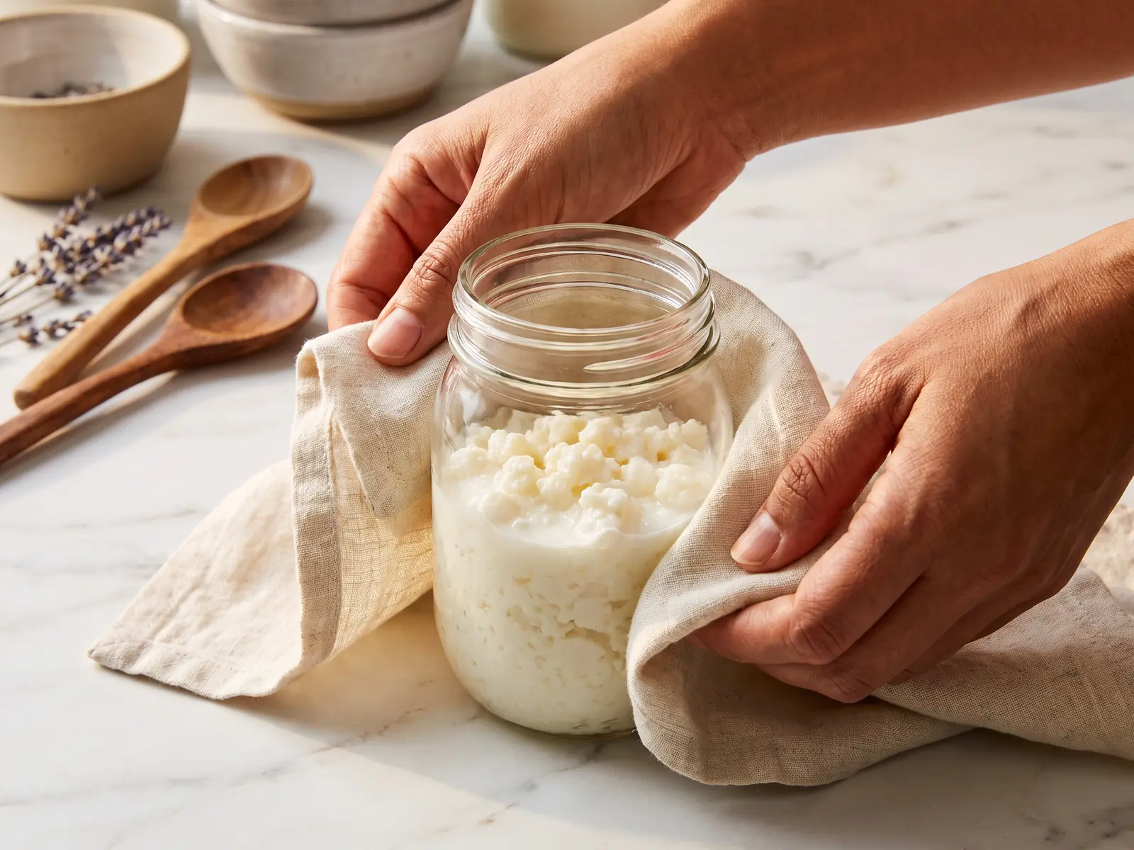 il kefir è naturalmente senza lattosio Due mani avvolgono un barattolo di kefir nel lino su marmo bianco, come un dono fatto in casa.
