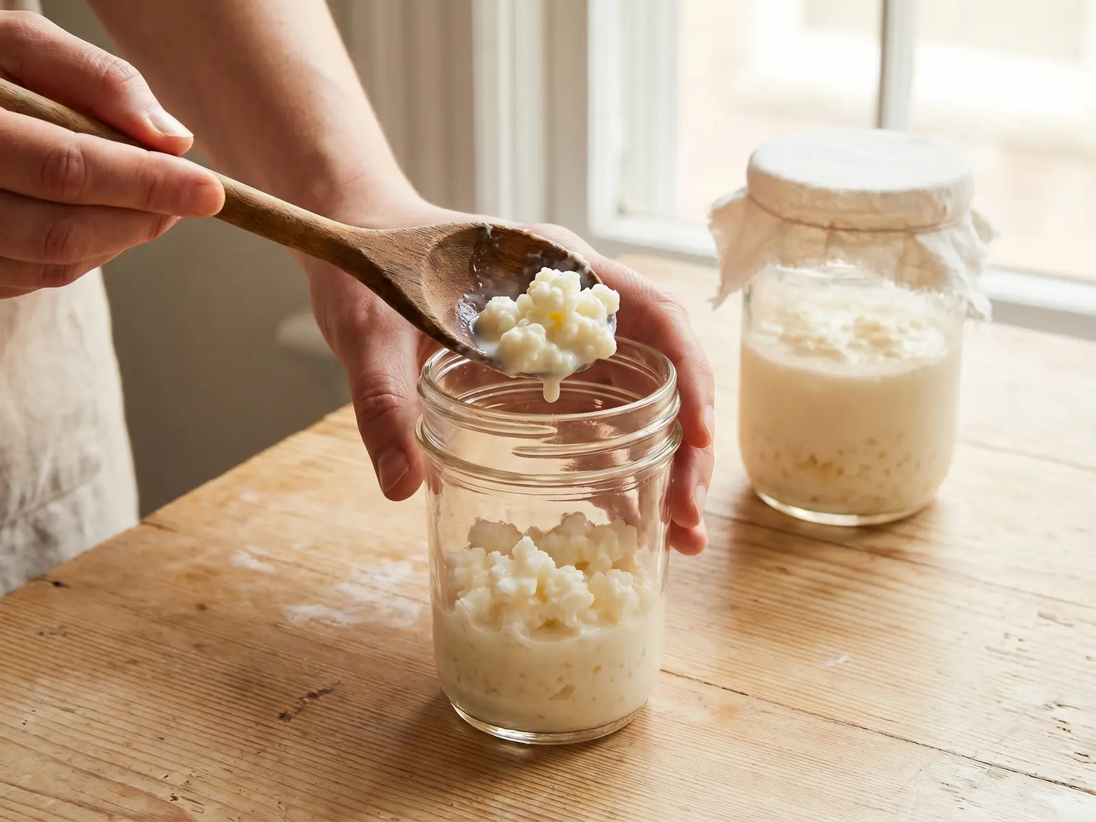 kefir ingrassa Mano che aggiunge grani di kefir di latte in un barattolo con cucchiaio di legno su pino chiaro