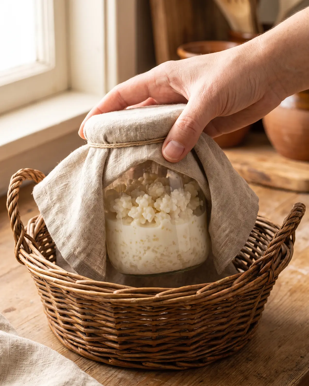 kefir fermenti lattici Una mano sostiene un barattolo di kefir avvolto nel lino, con i grani visibili attraverso il vetro.