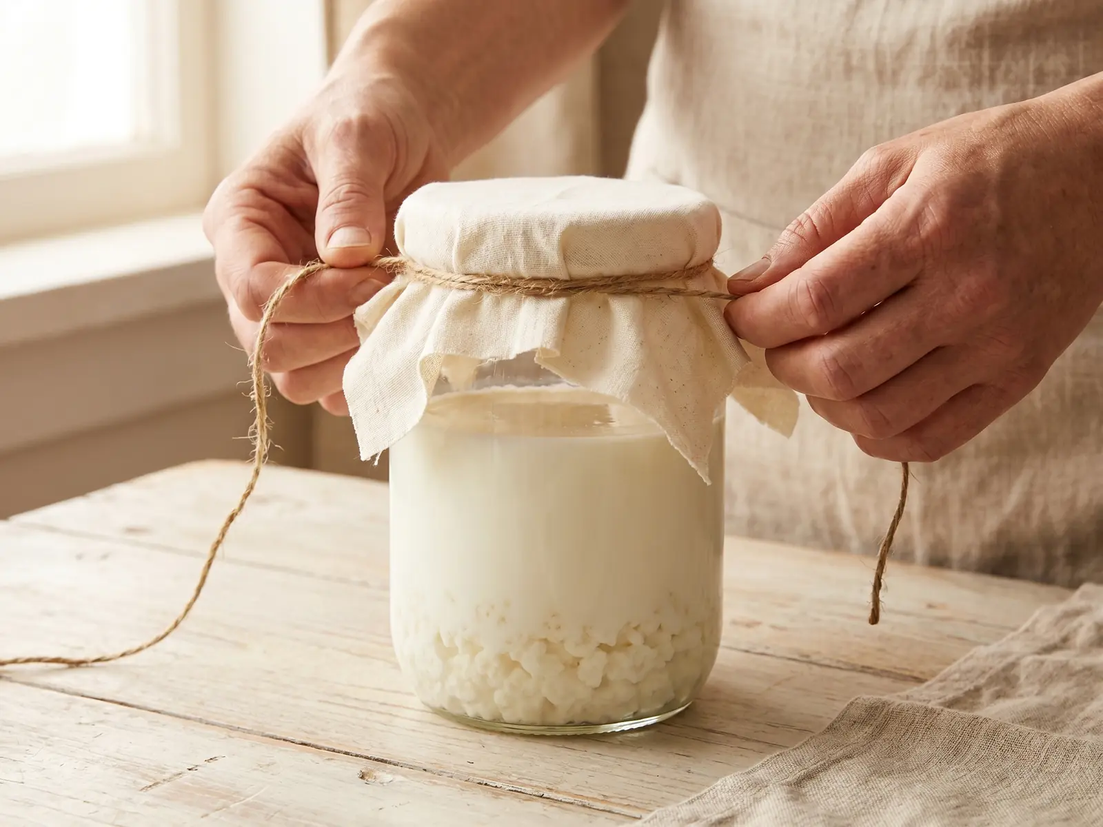 benefici dei fermenti lattici Mano che lega una tela di cotone su un barattolo di kefir di latte appoggiato su un tavolo chiaro.