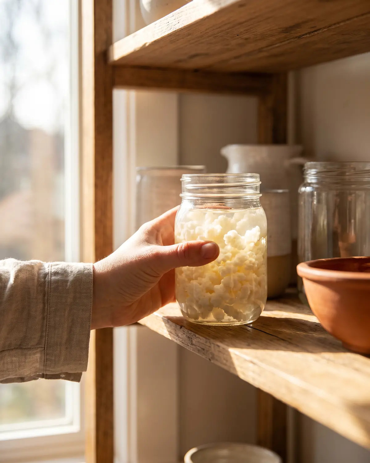 kefir per reflusso Una mano sposta un barattolo di kefir verso una mensola luminosa, con grani sospesi nel latte.