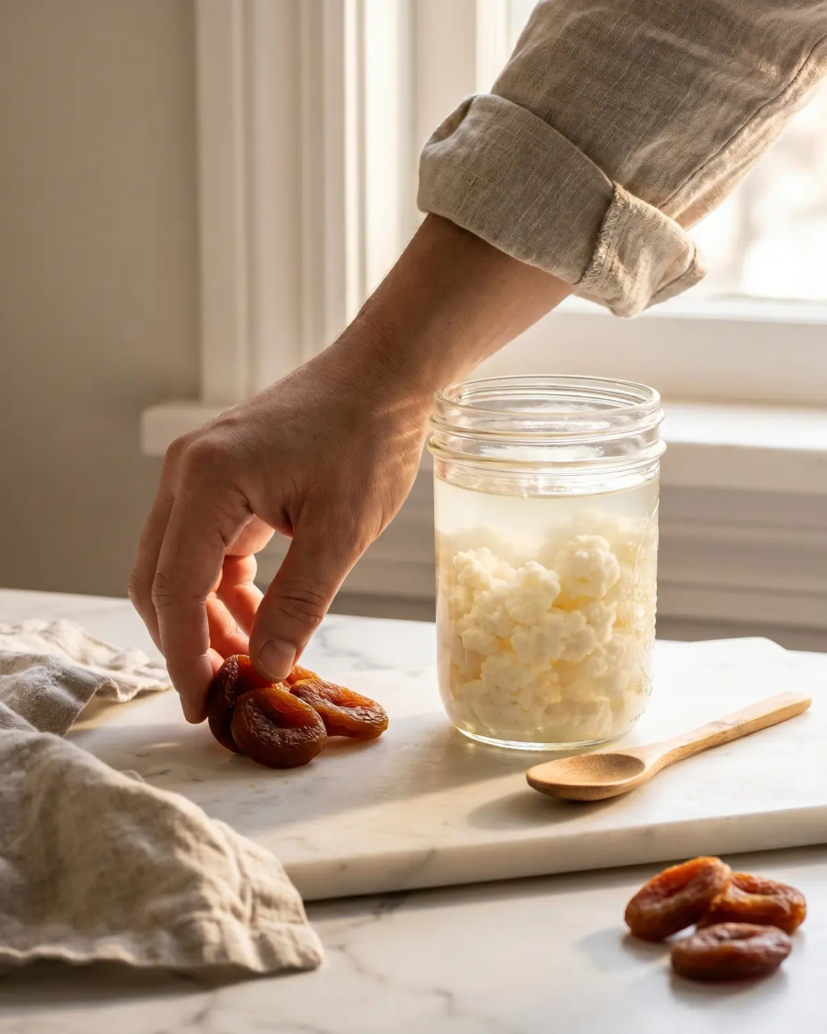 trasformare il kefir d acqua in kefir di latte Una mano dispone albicocche secche accanto a un barattolo di kefir di latte su marmo bianco.