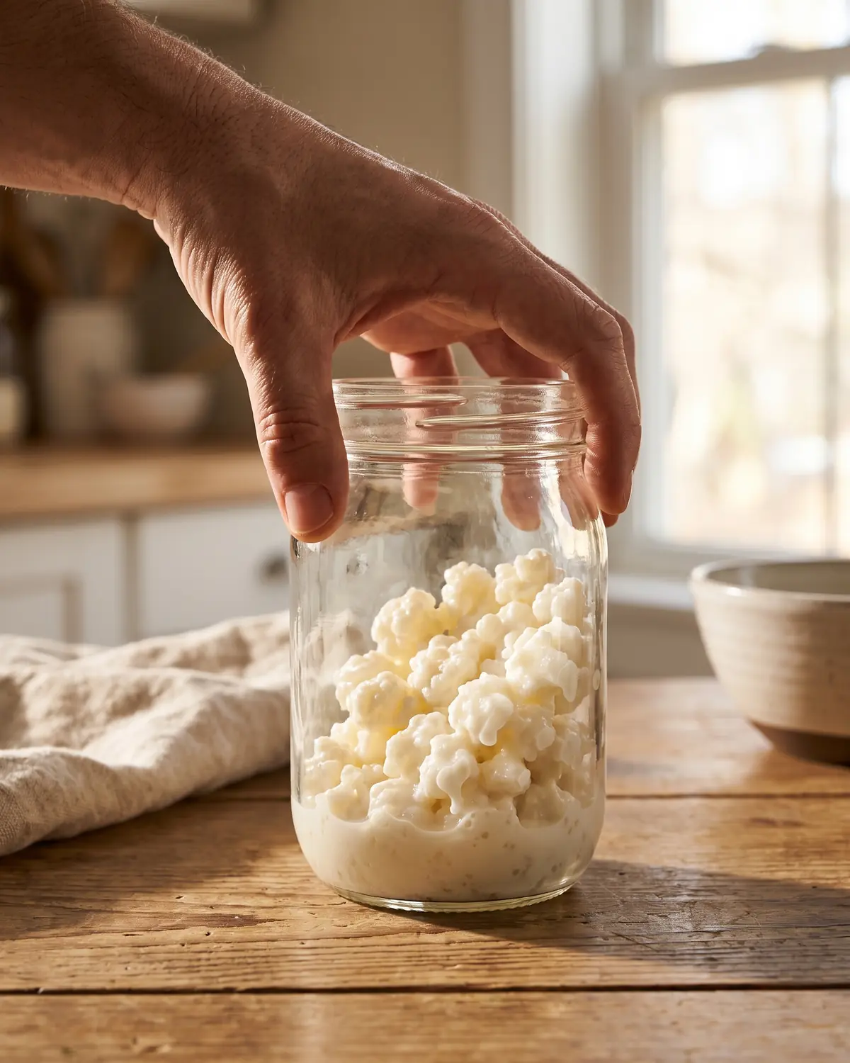 fermenti menu Una mano ruota lentamente un barattolo di vetro mentre i granuli scorrono nel latte cremoso.