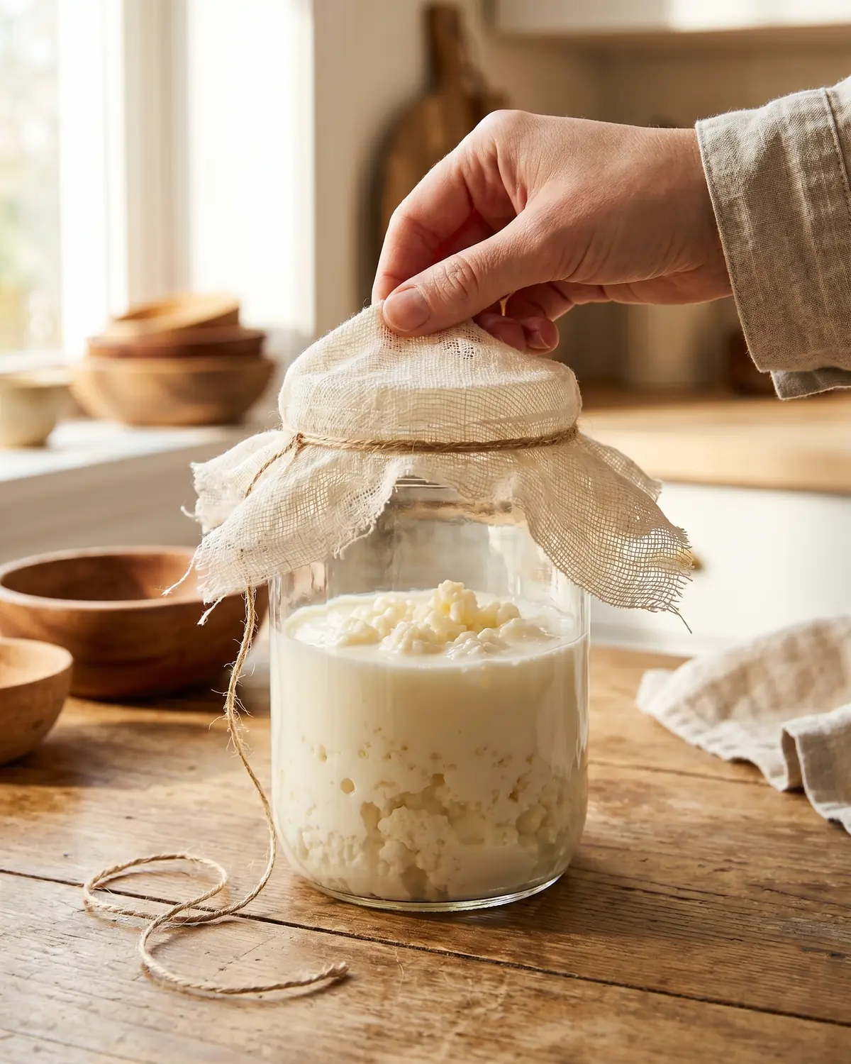 fermenti lattici vivi cosa sono Mano che solleva il panno da un barattolo di kefir con cordelino sciolto e luce naturale del mattino.