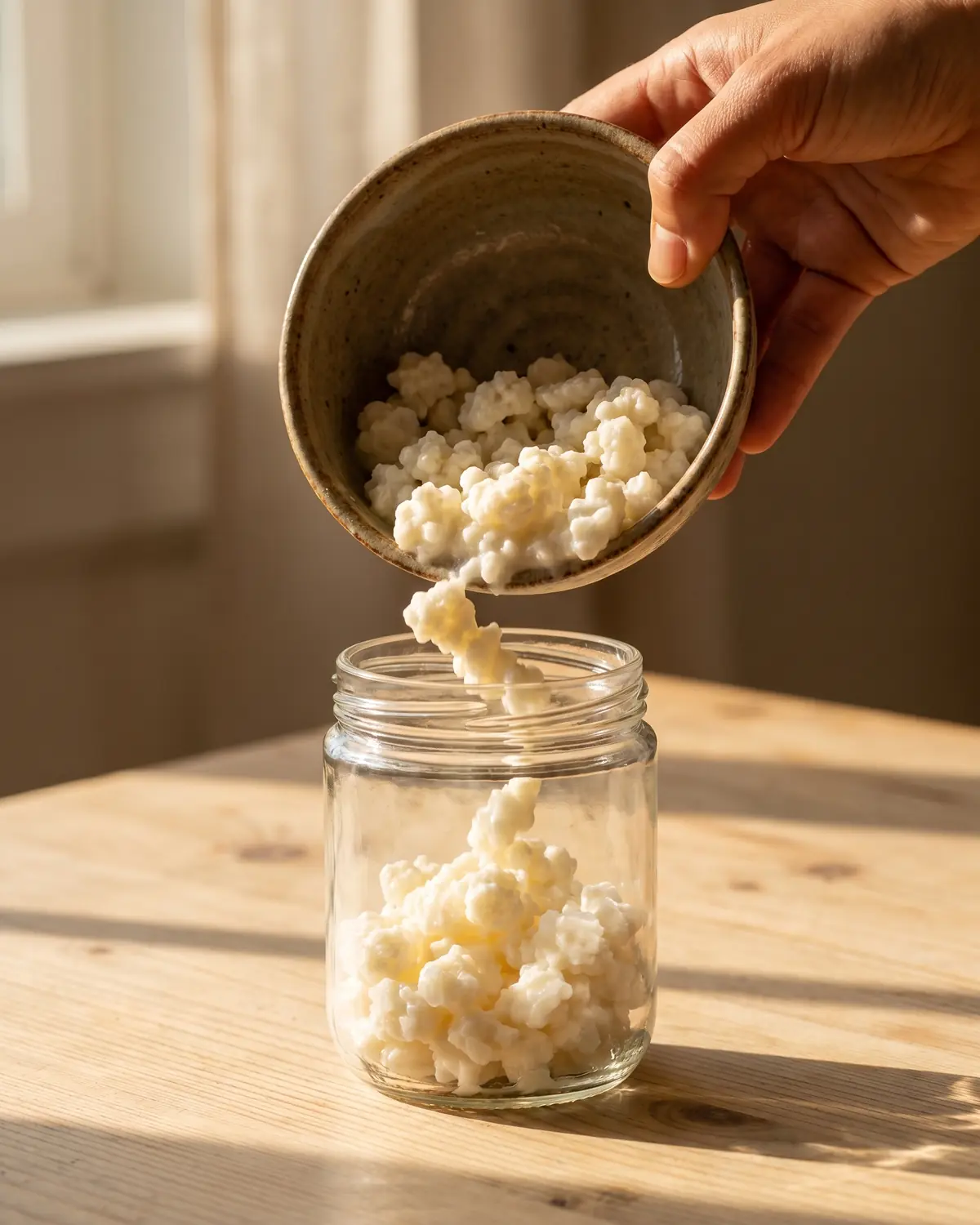 kefir come consumarlo Mano che versa grani di kefir da una ciotola in un barattolo su legno chiaro, con ombra morbida.