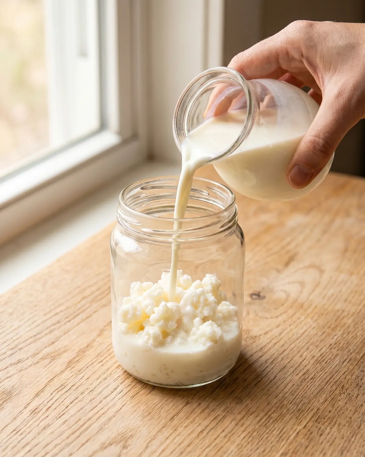kefir per andare in bagno Mano che versa latte fresco sui grani di kefir in un barattolo di vetro durante la preparazione.