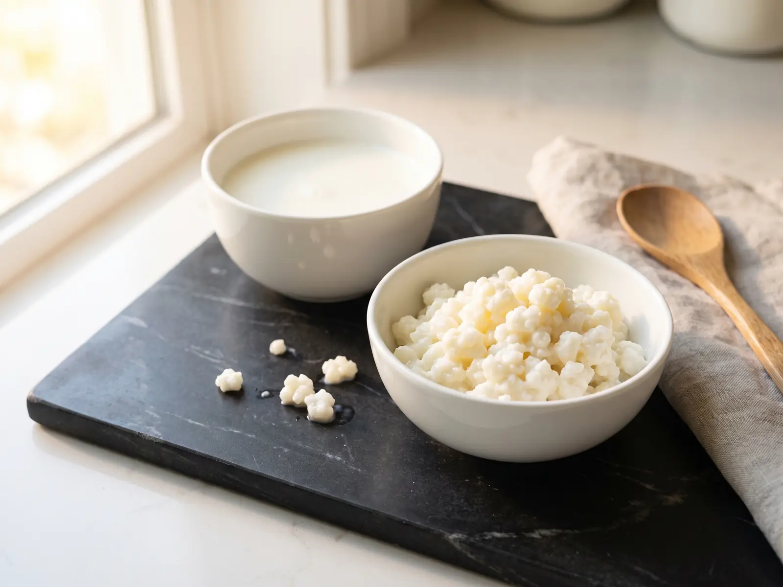 kefir per la dieta Grani di kefir e latte fresco in ciotole bianche su marmo nero, con luce laterale naturale.
