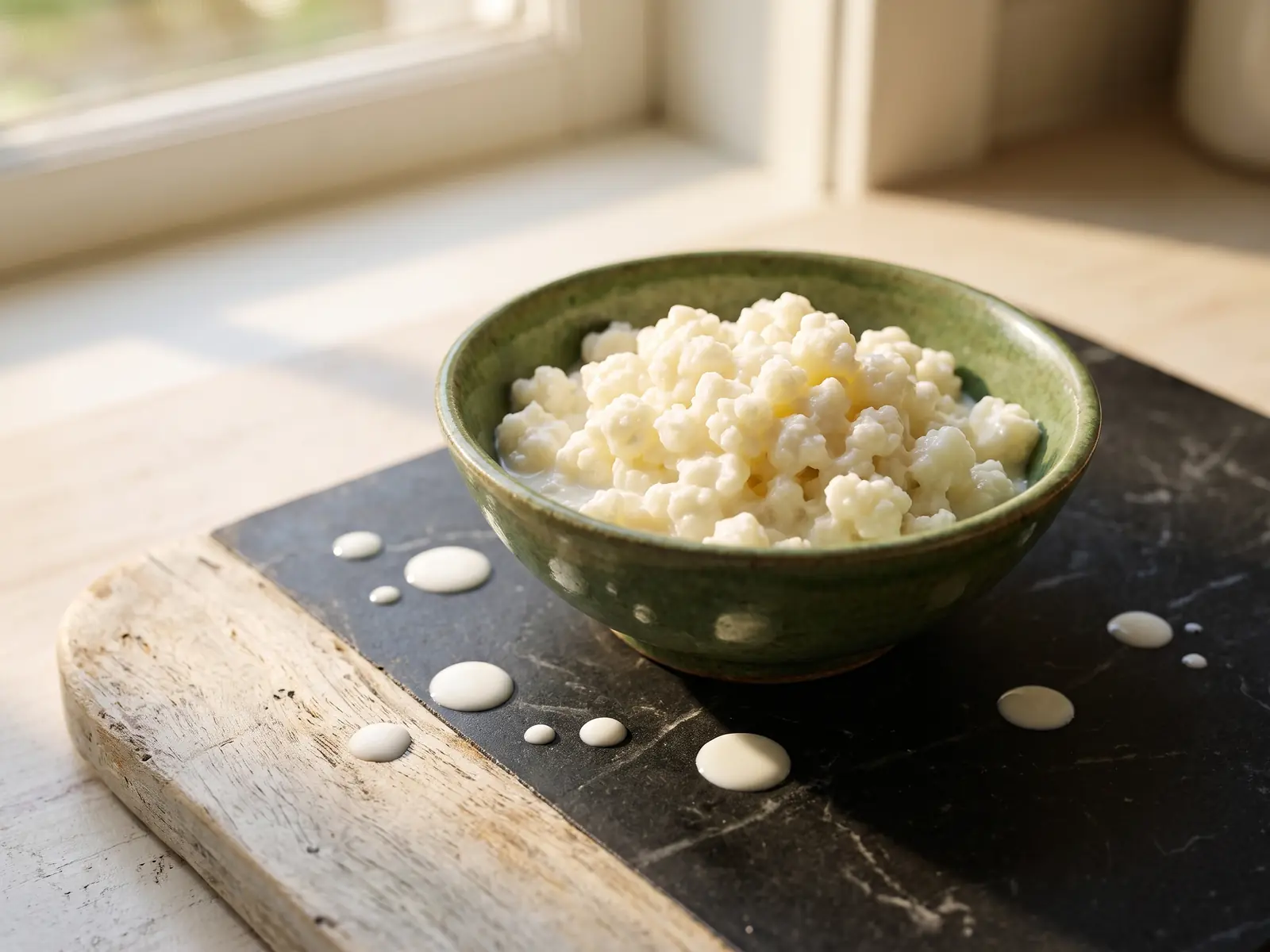 kefir e reflusso gastrico Ciotola verde con grani di kefir su marmo nero, gocce di latte e dettagli in legno chiaro.