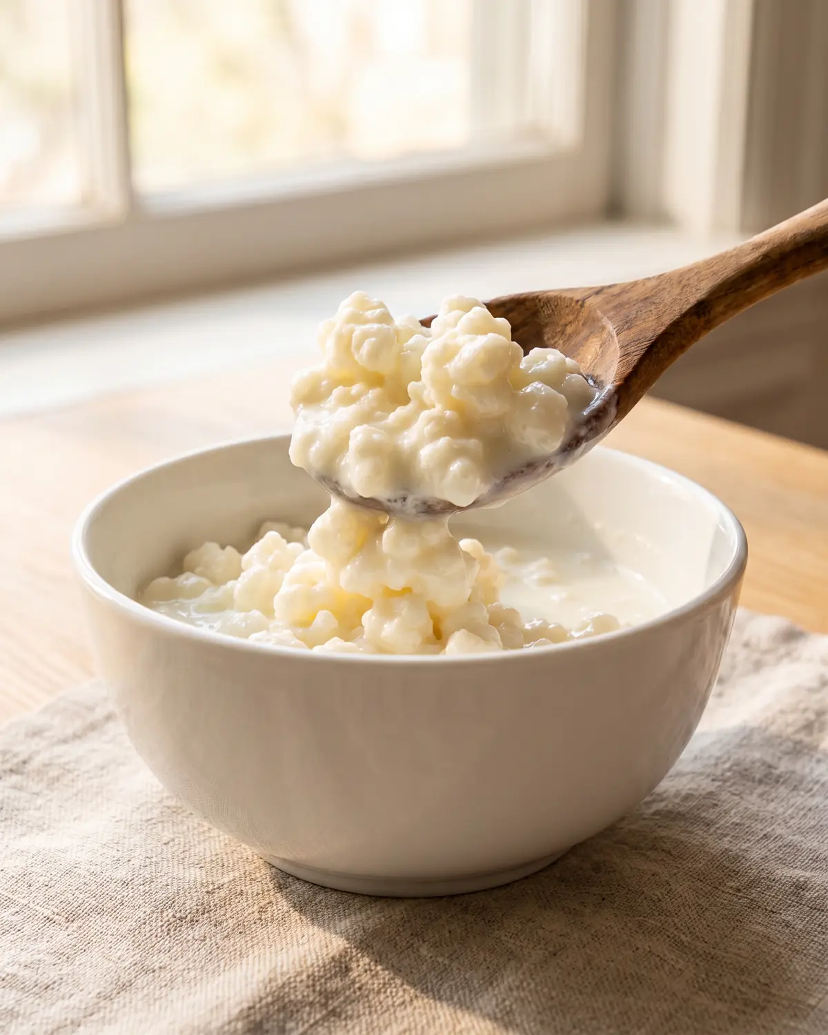kefir mal di pancia Cucchiaio di legno con grani densi di kefir sollevati da una ciotola bianca, lino grezzo e luce calda.